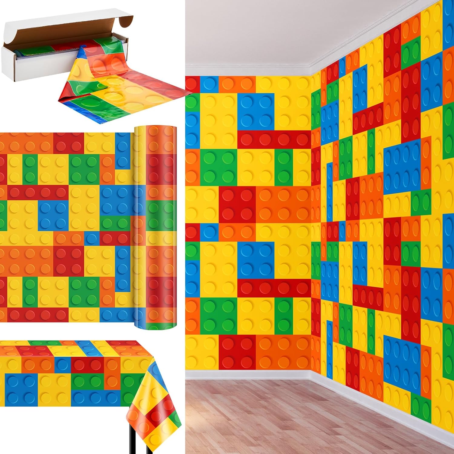 54 Inch x 100 Feet Building Block Tablecloth Roll Plastic Backdrop with Cutter Box Waterproof Colorful Table Cover for Building Block Party Decorations Birthday Party Supplies Photography