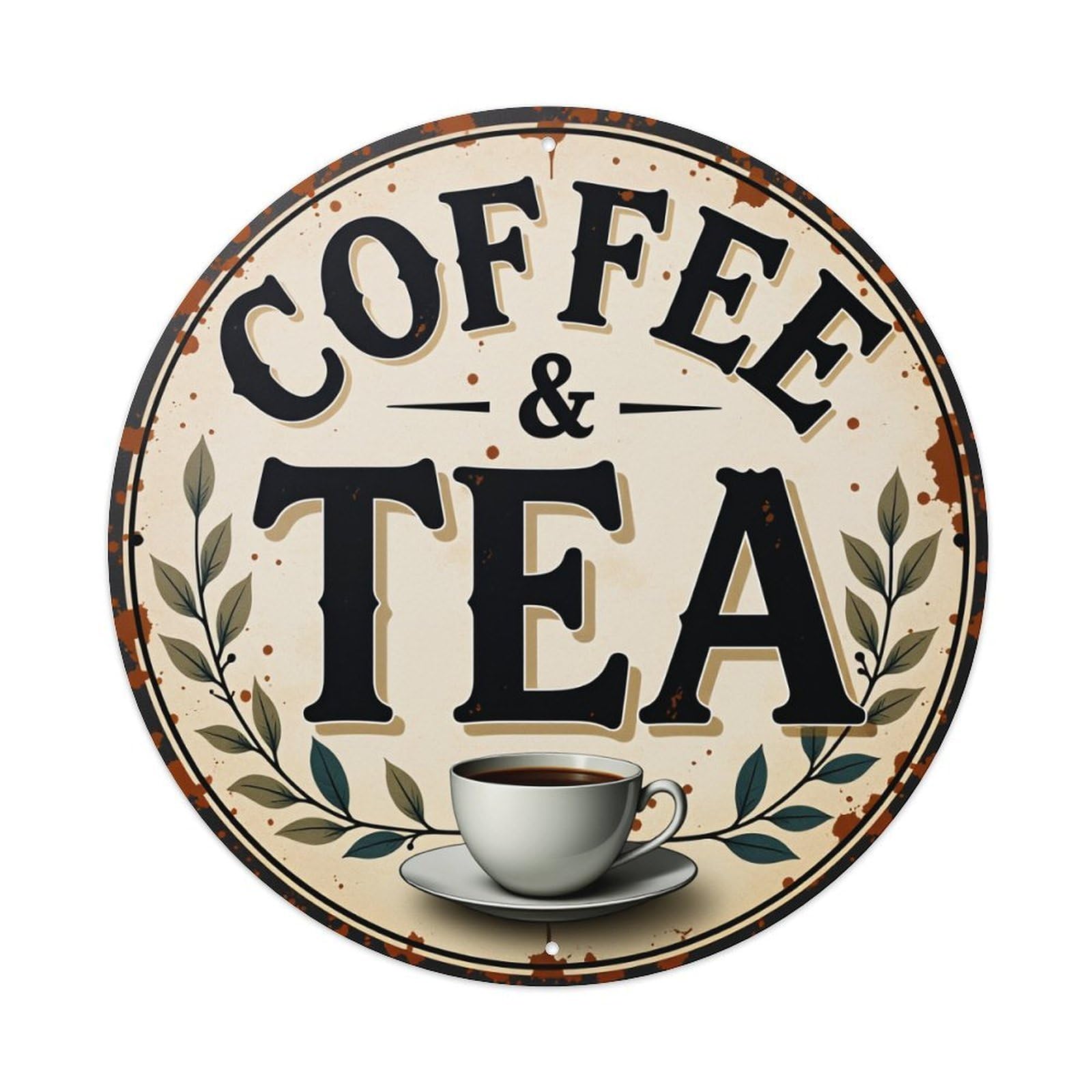 Coffee And Tea Sign With Cup Vintage Round Tin Sign Retro Metal Wall Decor Metal Poster, Home Bar Garage Farmhouse Cafe Wall Art Decoration 8x8Inches