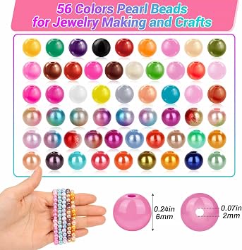 4000Pcs Pearl Beads for Bracelet Making, 56 Colors 6mm Small Round Pearl Beads for Crafters and DIY Enthusiasts Jewelry Making, Bracelets, Necklace, Earrings