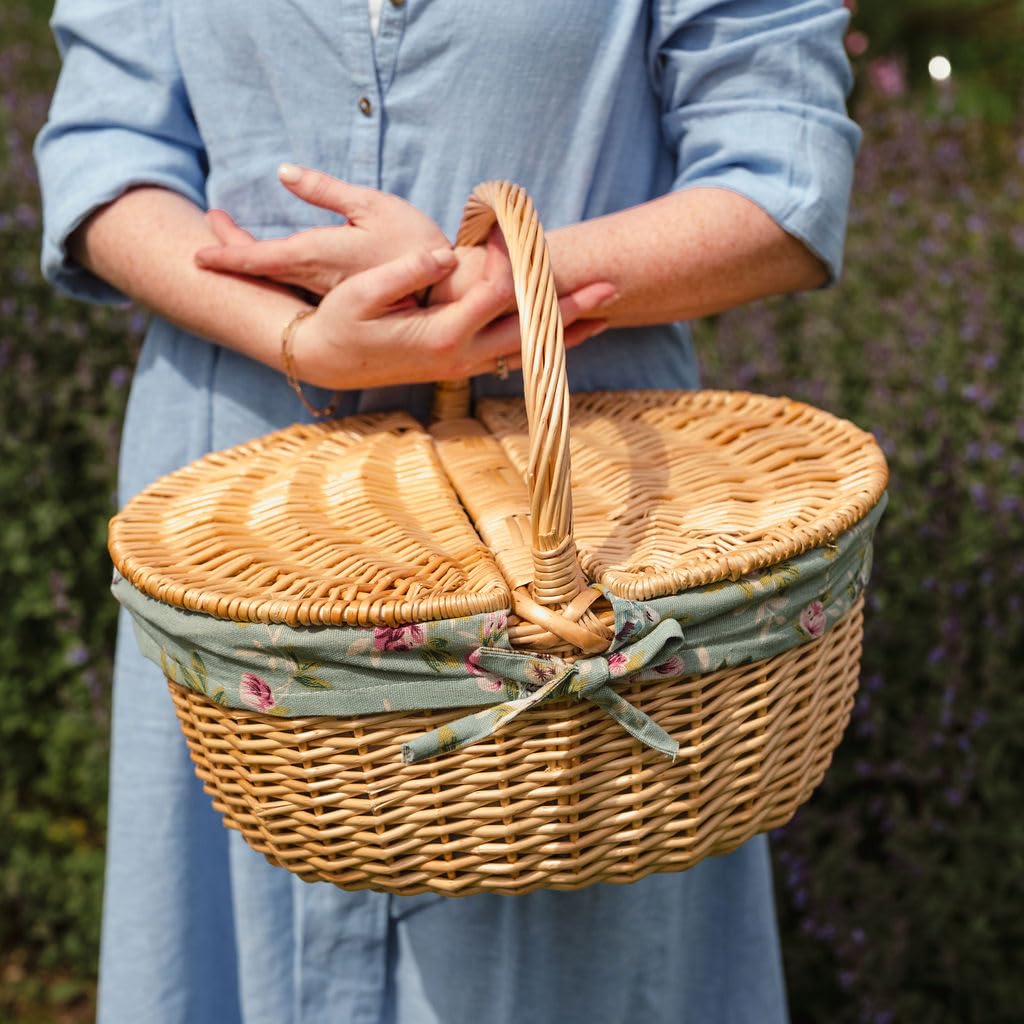 Arthur Cameron - Petit panier de pique-nique ovale en saule avec poignée, couvercle à double ouverture et doublure en coton amovible et lavable – Classique, traditionnel, vintage, mini panier de