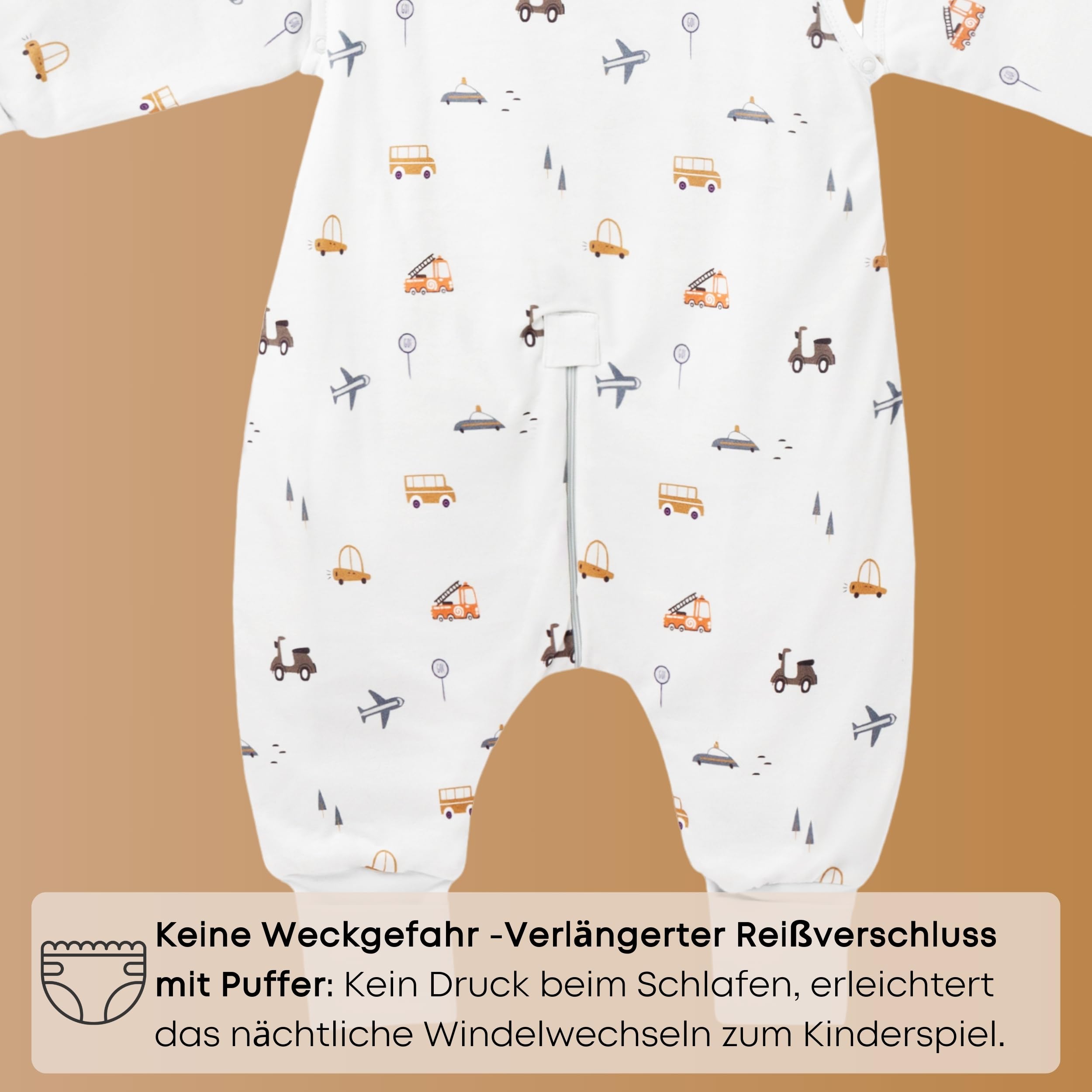Saco de dormir para bebé de todo el año con pies y mangas desmontables – 1,5 TOG – 100% algodón orgánico GOTS – Saco de dormir infantil para todo el año con pies – puños plegables – Car