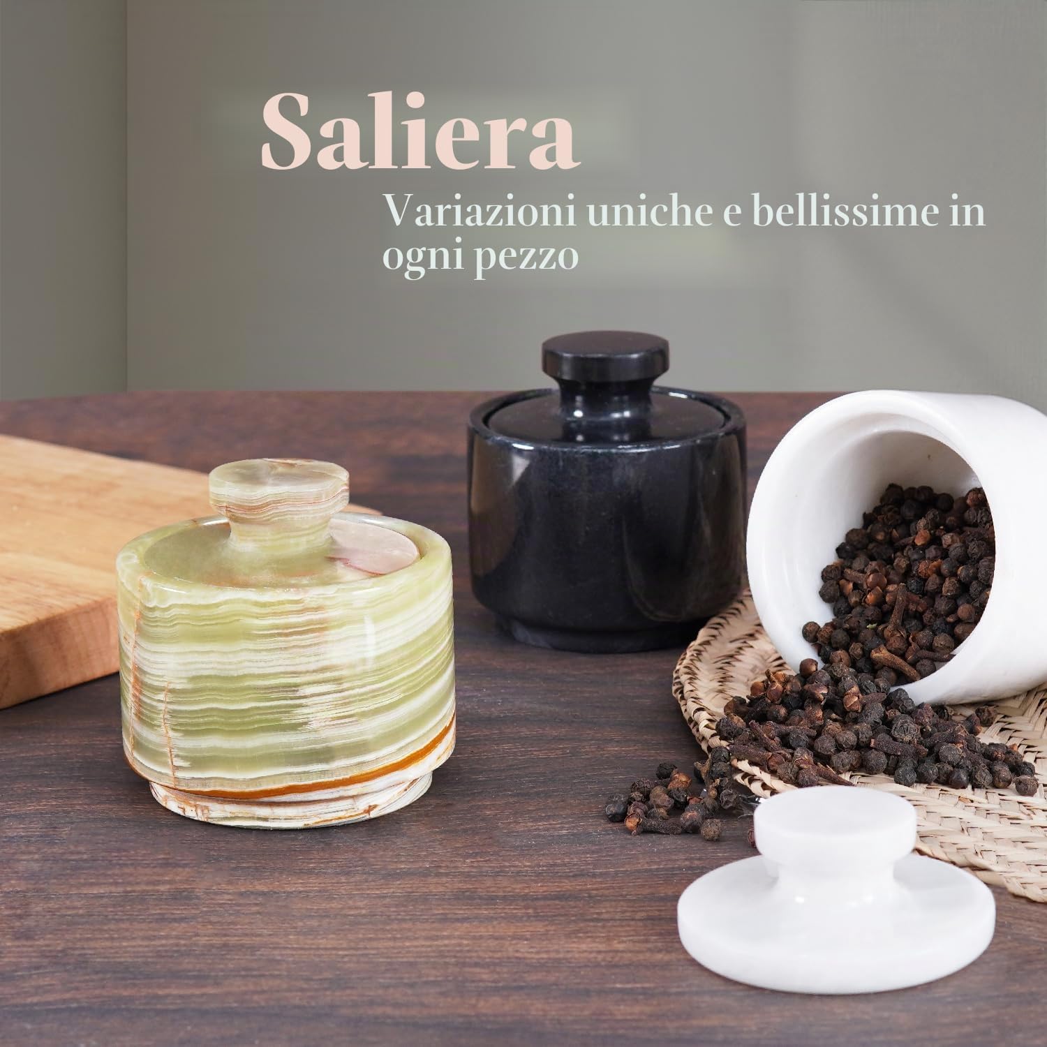 MARBLOUS KRAFTS Elegante distributore di zucchero in marmo da 99,2 g, contenitore per sale e decorazione in marmo, 7,6 x 7,6 cm, decorazione da cucina e sale e pepe, dispenser di sale (onice verde)