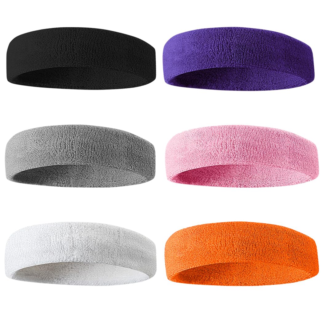 BEACE Sweatbands Sports Headband for Men &amp; Women - 6PCS Moisture Wicking Athletic Cotton Terry Cloth Sweatband for Tennis, Basketball, Running, Gym, Working Out