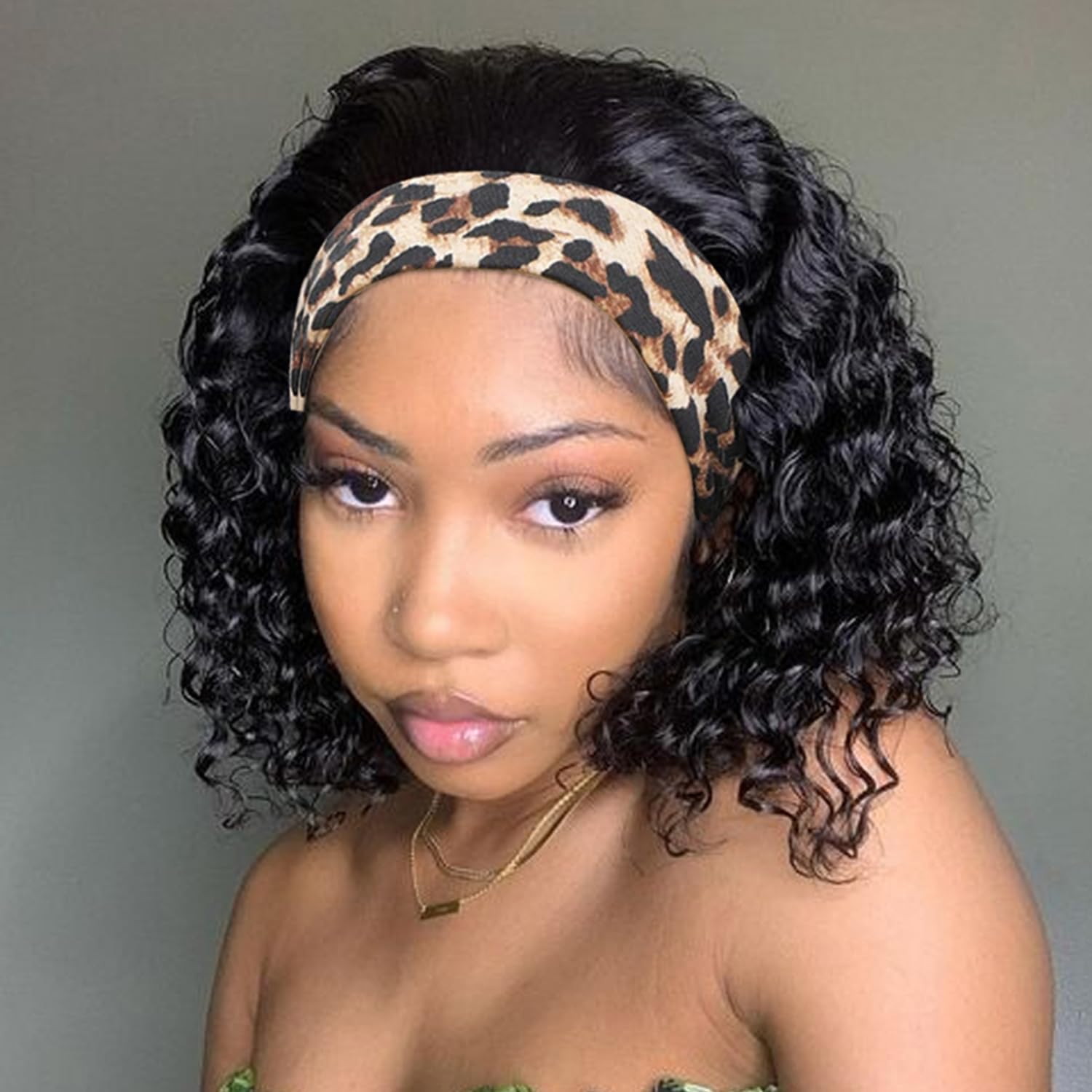 Headband Wig - Deep Wave 10 Inch Glueless Human Hair Wigs - Machine Made No Lace Curly Wigs - Brazilian Human Hair - Deep Curly Wave - Natural Color