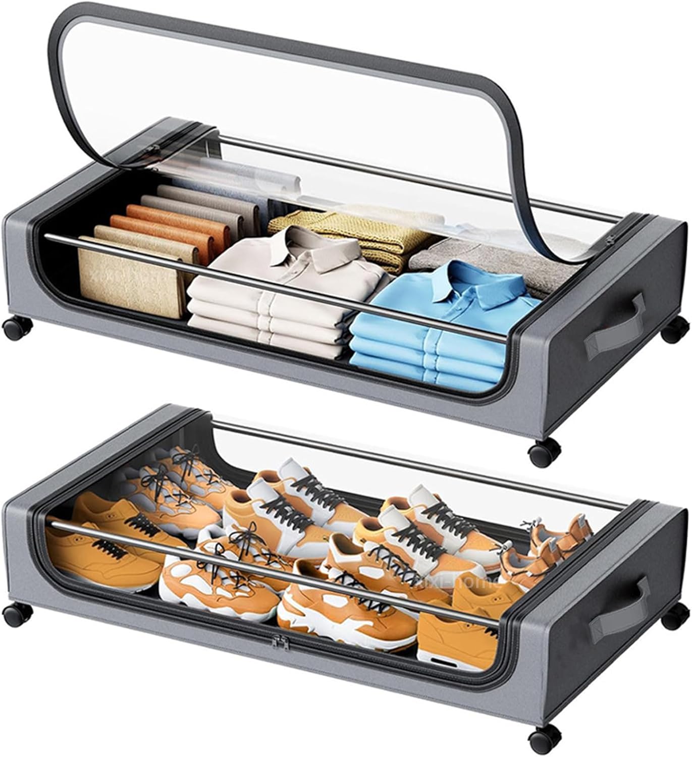 Under Bed Storage with Wheels,2 Pack Rolling Under Bed Storage Bins with Clear Lids and Handles,Underbed Shoe Storage Organizer,UnderBed Storage Containers for Clothes (Rectangular,Gray)