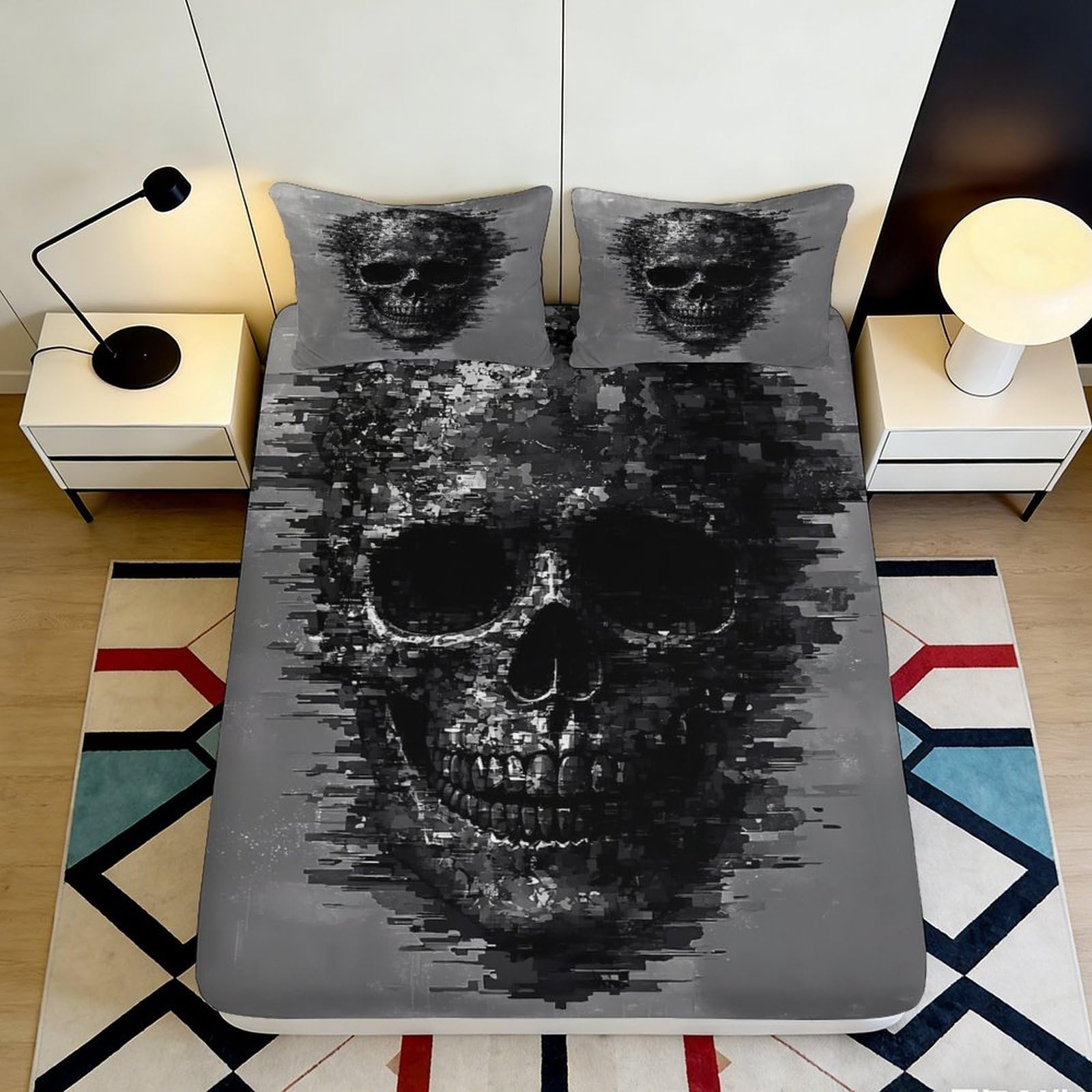 Pnayamiorkfel Style-4 3D Printed Glitch Skull Fitted Sheet Microfiber Black Gothic Bed Cover For Bedroom Dorm Mattress Decor Protection 90X200x25cm