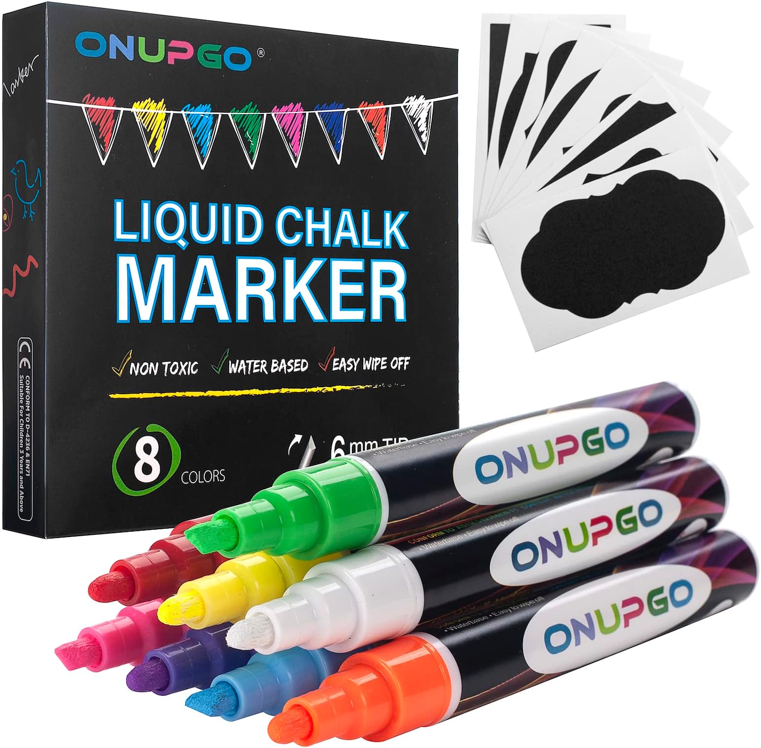 ONUPGO Liquid Chalk Markers, 8 Colors Chalk Pens for Blackboard, Chalkboard Signs, Glass Window, Graduation Celebration - Washable Wet & Dry Erasable Window Neon Chalk Maker for Cars