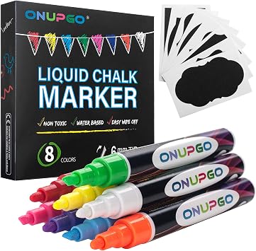 ONUPGO Liquid Chalk Markers, 8 Colors Chalk Pens for Blackboard, Chalkboard Signs, Glass Window, Graduation Celebration - Washable Wet & Dry Erasable Window Neon Chalk Maker for Cars