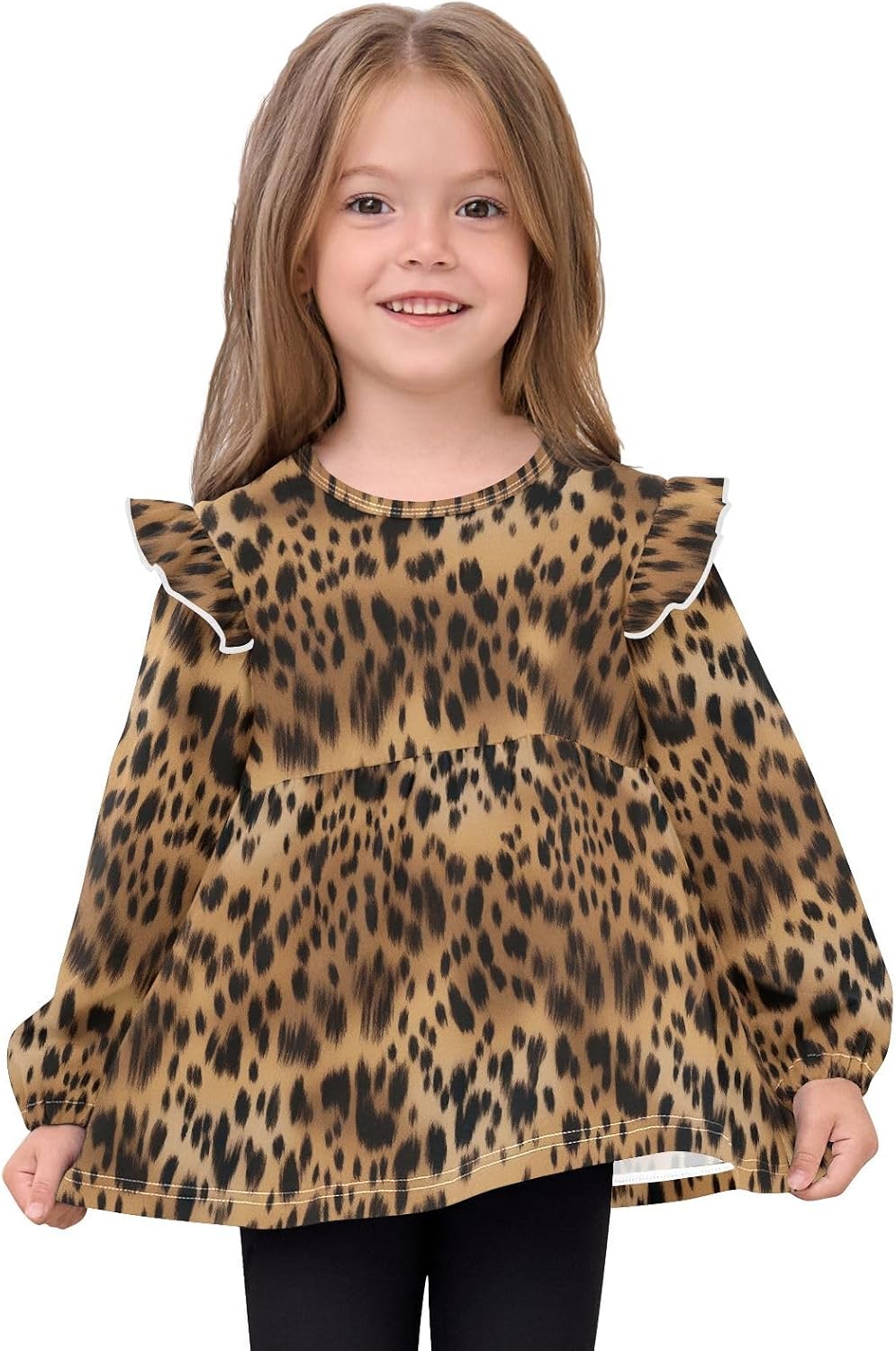 visesunny Toddler Clothes for Girls Sports Fuzzy Leopard Long Sleeve Fall Shirts Cotton Top with Ruffle Collar