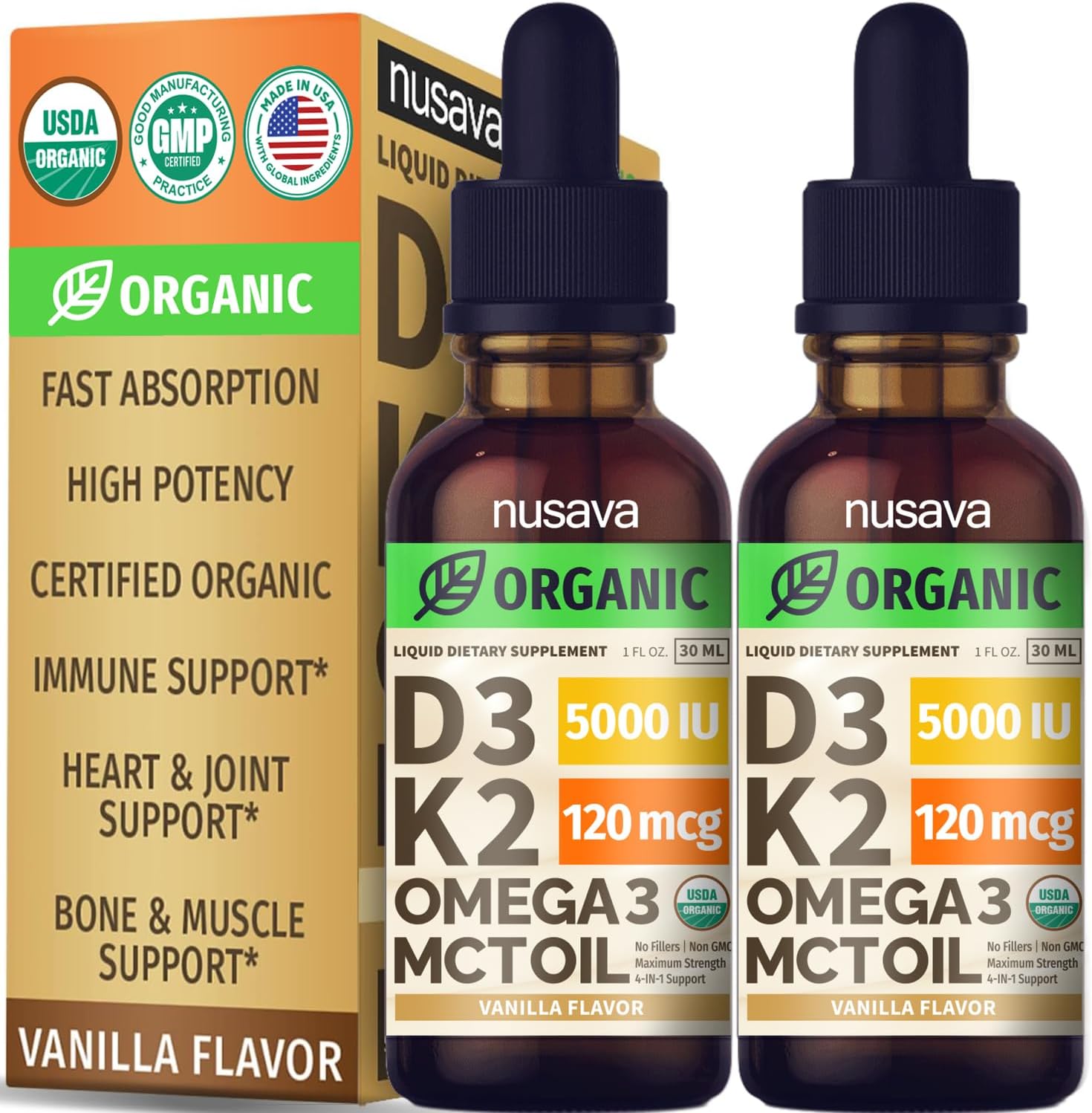 (2 Pack) Organic Vitamin D3 K2 Drops with MCT Oil & Omega 3 - Liquid Vitamin D3 5000 IU - K2 D3 Vitamin Supplement - Vitamin D Drops for Women & Men - No Fillers, Non-GMO, GMP, Vanilla (2 Fl Oz)