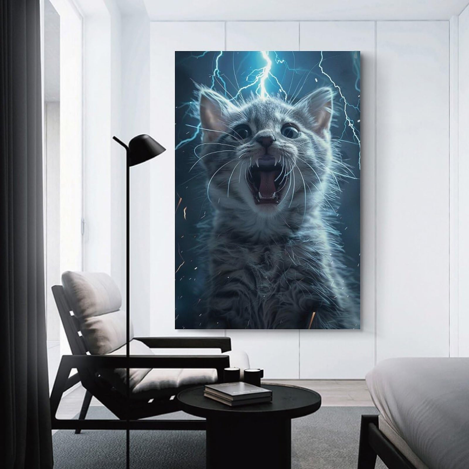 Junmoney Cat Lightning Wall Picture Print, 24x36inch(60x90cm), for Feature Walls in Flats Or Modern Rooms, Decorative Artwork with Flexible Styling
