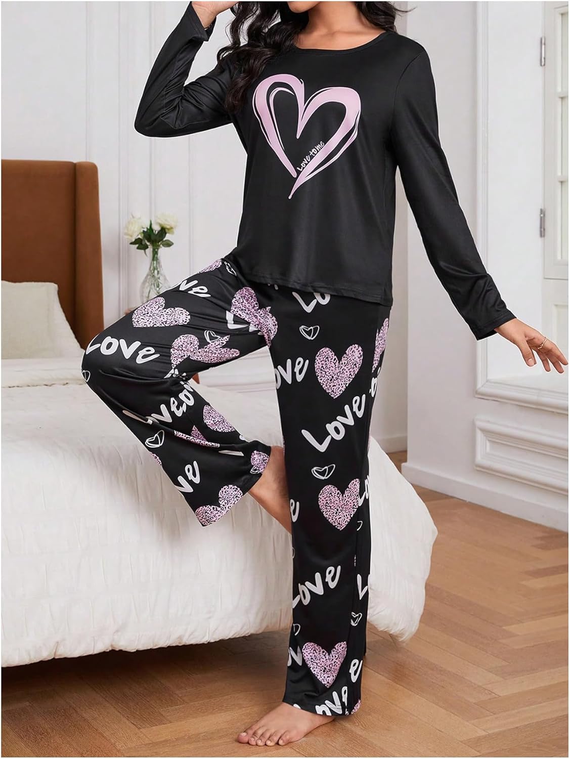 OYOANGLE Women's Pajama Sets 2 Piece Heart Printed Soft Pjs Long Sleeve Tops and Pants Sleepwear Sets - Image 4