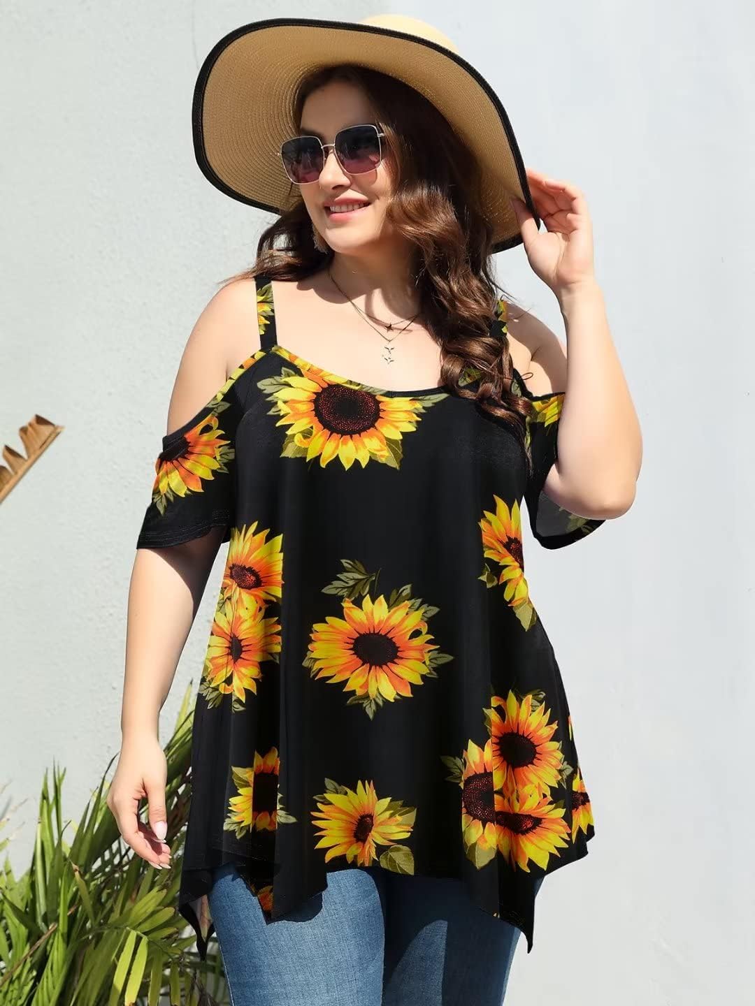 LARACE Cold Shoulder Tops for Womens Summer Clothes Spaghetti Strape Tunic Oversized Shirts Asymmetrical Plus Size Blouse - Image 2