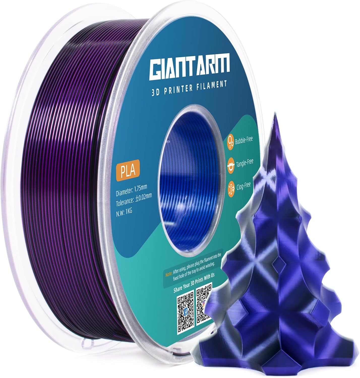 GIANTARM Tri-Colors, Silk Pla Filament, 3D Printer Filament 1.75mm +/-0.02mm, 1Kg (2.2lbs) Spool, Vacuum Packaging (Blue+Purple+Black)