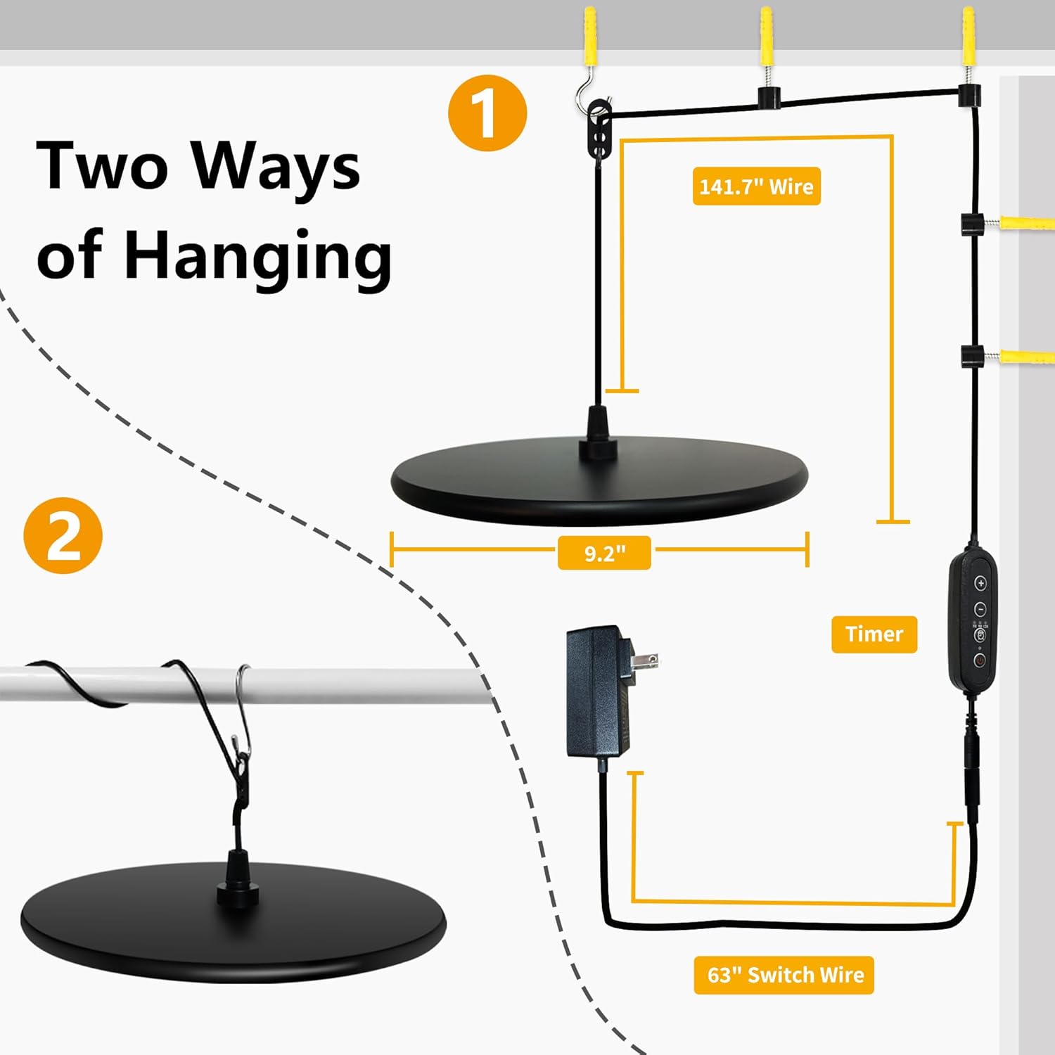 chiphy Hanging Grow Lights for Indoor Plants, 40W Full Spectrum with 3/9/12 Hours Timer, Pendant Plant Lights for Indoor Growing, Large Tall Plant, Garden, Flowers, Greenhouse,16.7FT Power Cord