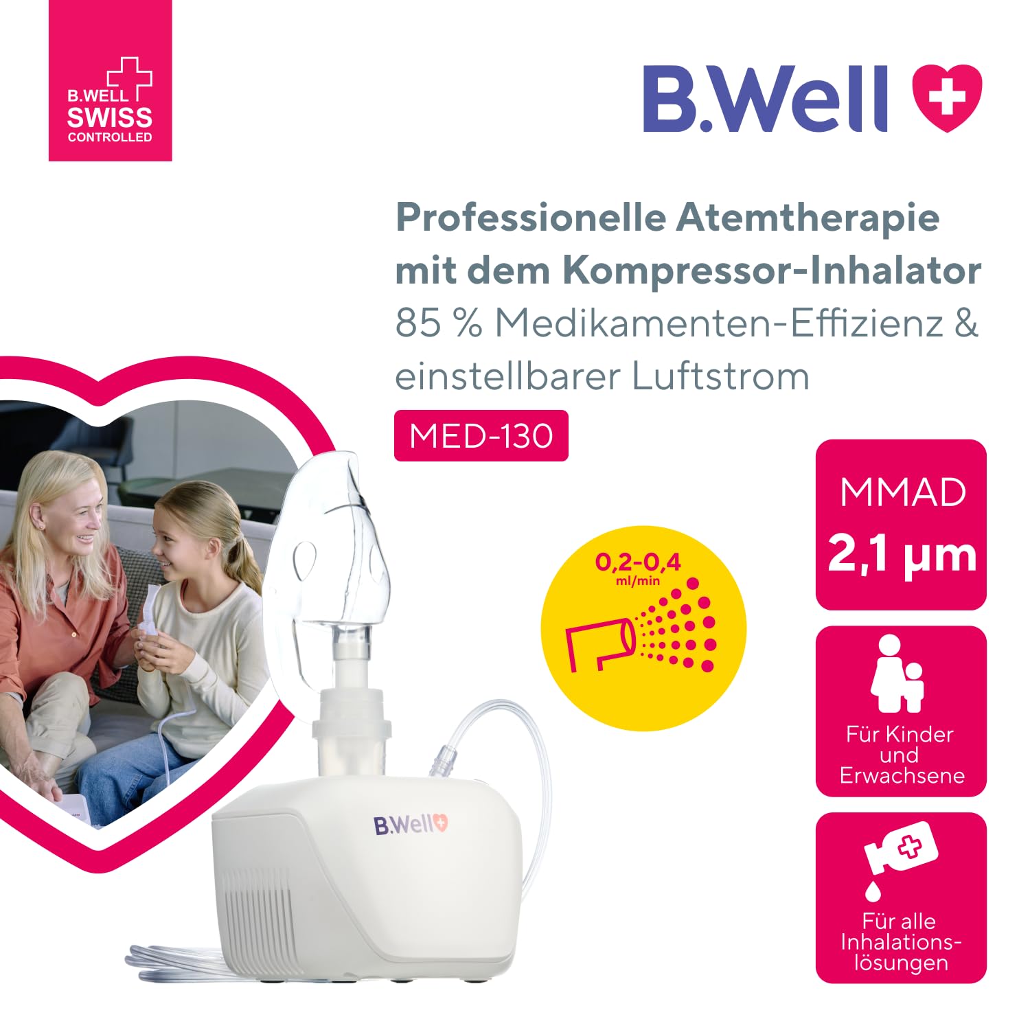 B.Well Swiss Kompressor-Inhalator MED-130, Medizinisch effiziente Atemtherapie, Einstellbarer Vernebler-Inhalator für Kinder und Erwachsene, Schweizer Qualität, Mit 2 Masken und Mundstück