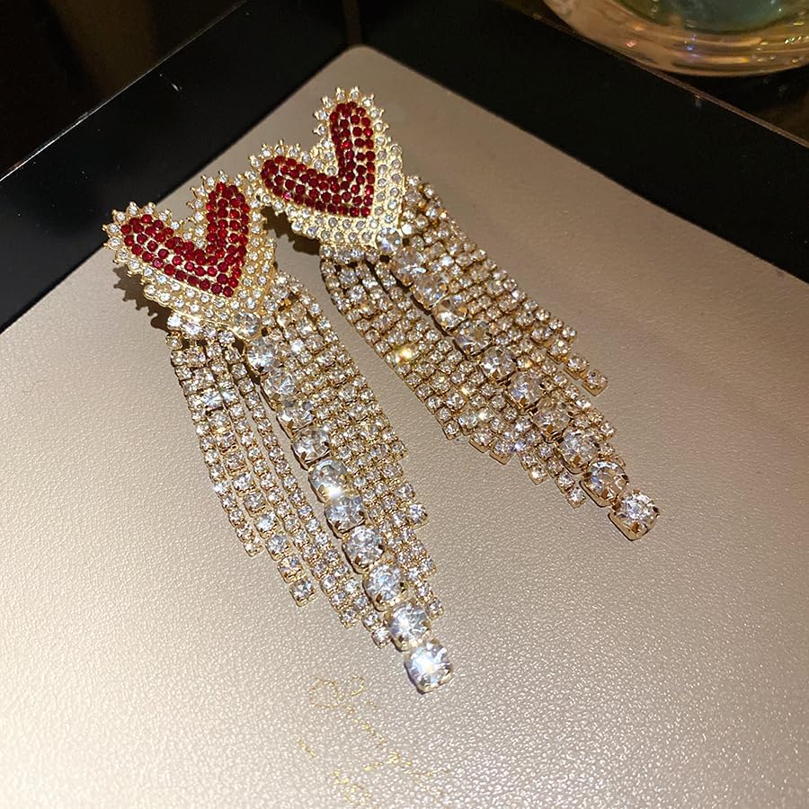 Rhinestone Heart Dangle Drop Earrings for Women Fashion Crystal Statement Long Tassl Earring Wedding Bridal Drop Dangle Jewelry - Image 5