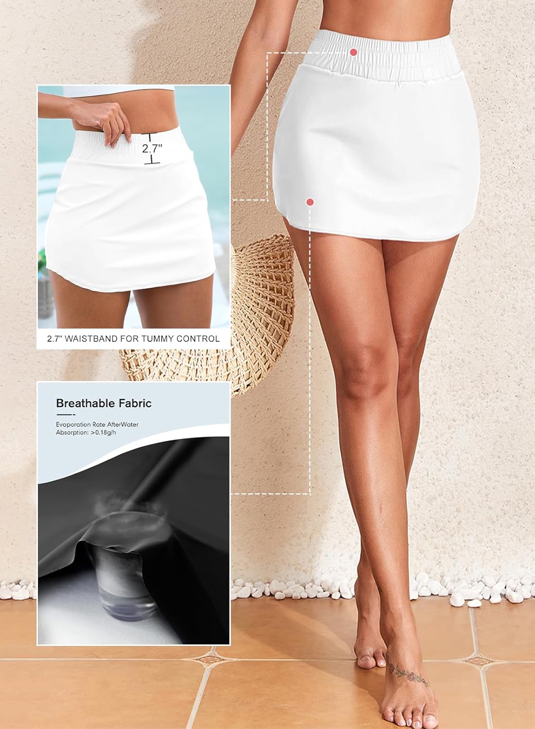 Aleumdr Women's Swim Skirt High Waisted Tummy Control Swimsuit Bottom Skorts Skirts Bikini Bottom with Pockets White Medium - Image 6