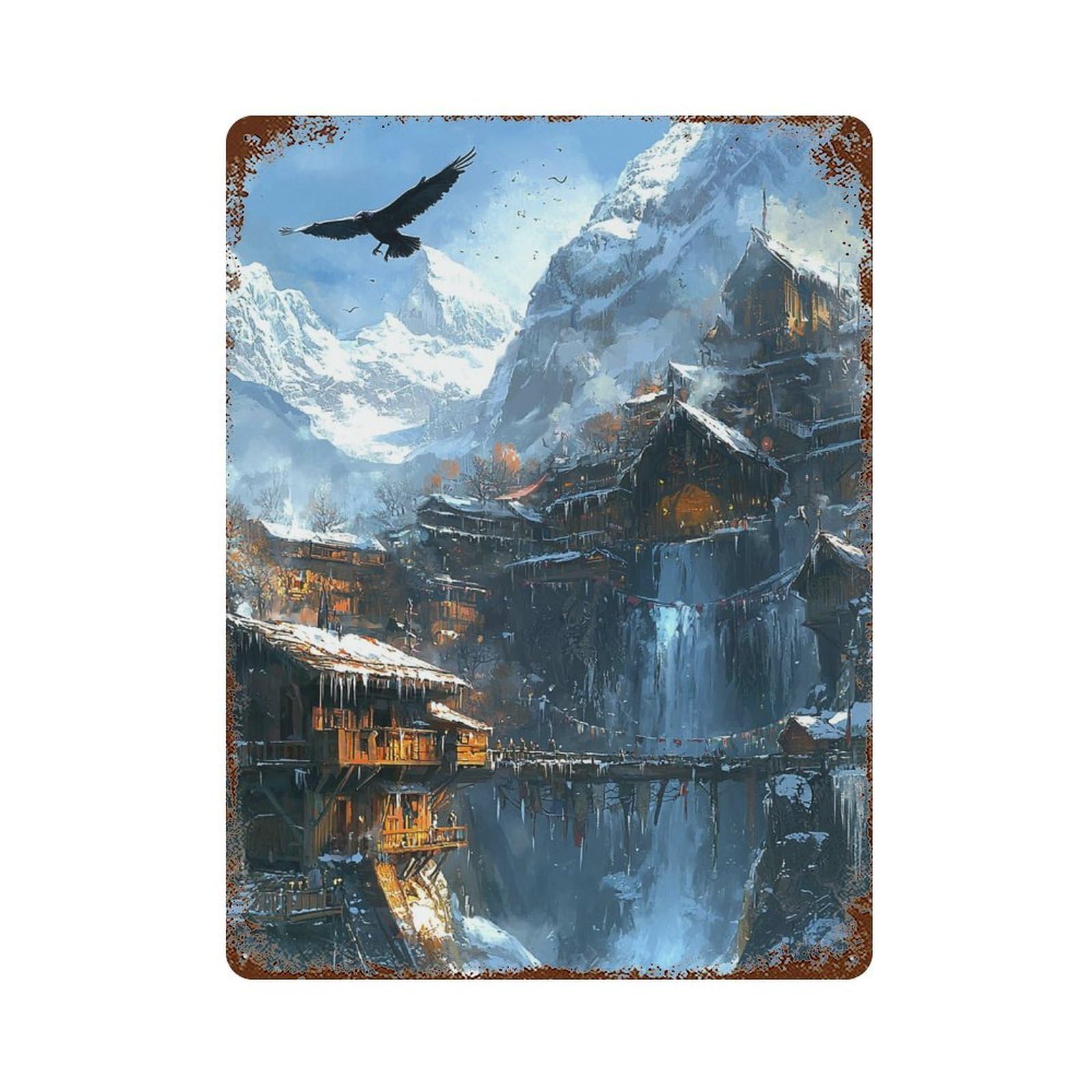 Vintage Rust Metal Sign with Snowy Mountain Village Scene Design 15.7"x11.8", for Office, Studio And Wall Decor, Farmhouse Wall Decor