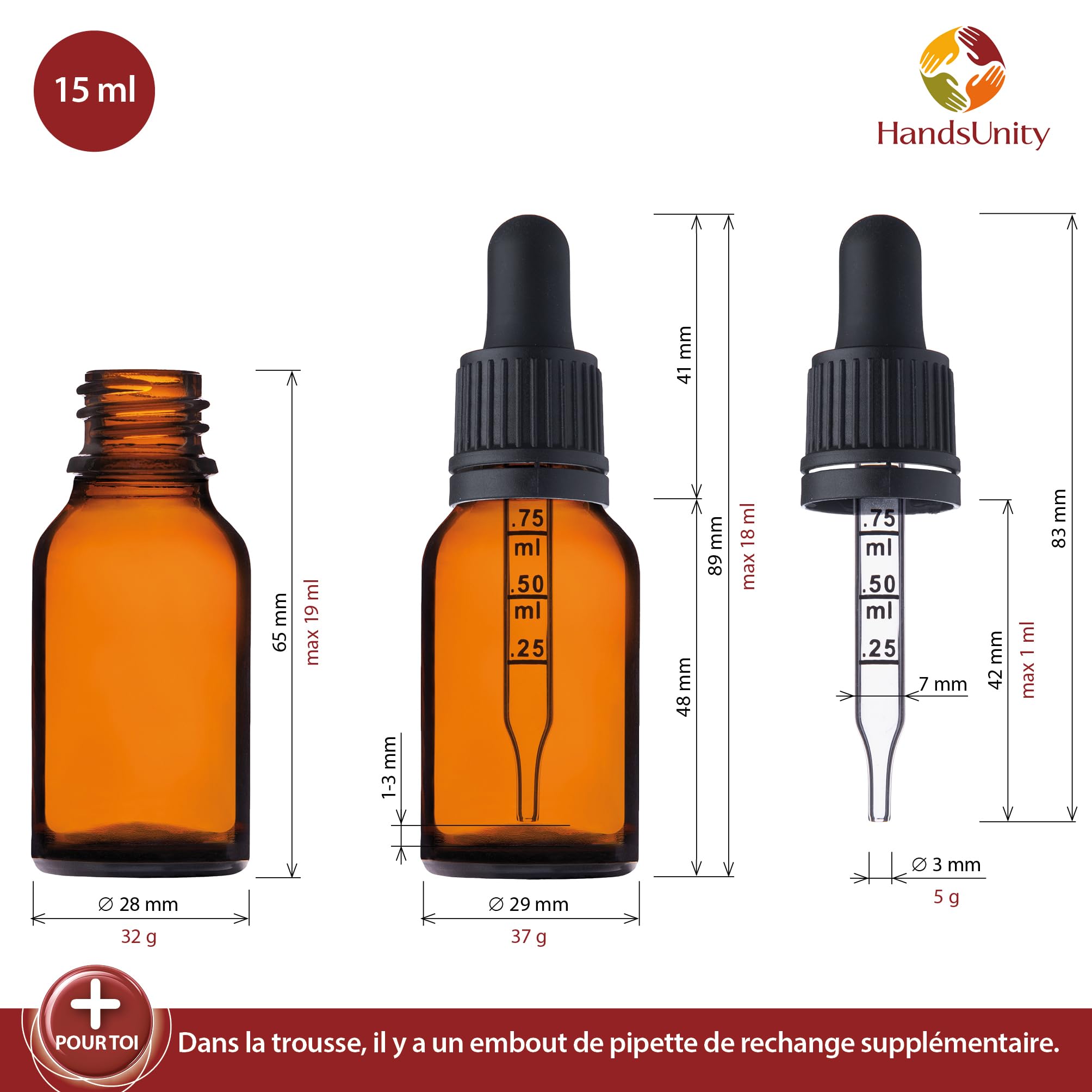15ml-12pcs de Flacon de Pipette Petit Flacon en Verre - d'apothicaire en Verre Ambré avec Capuchon de Pipette Blanc Comprenant 29pcs d'accessoires Bouteilles en Verre Brun