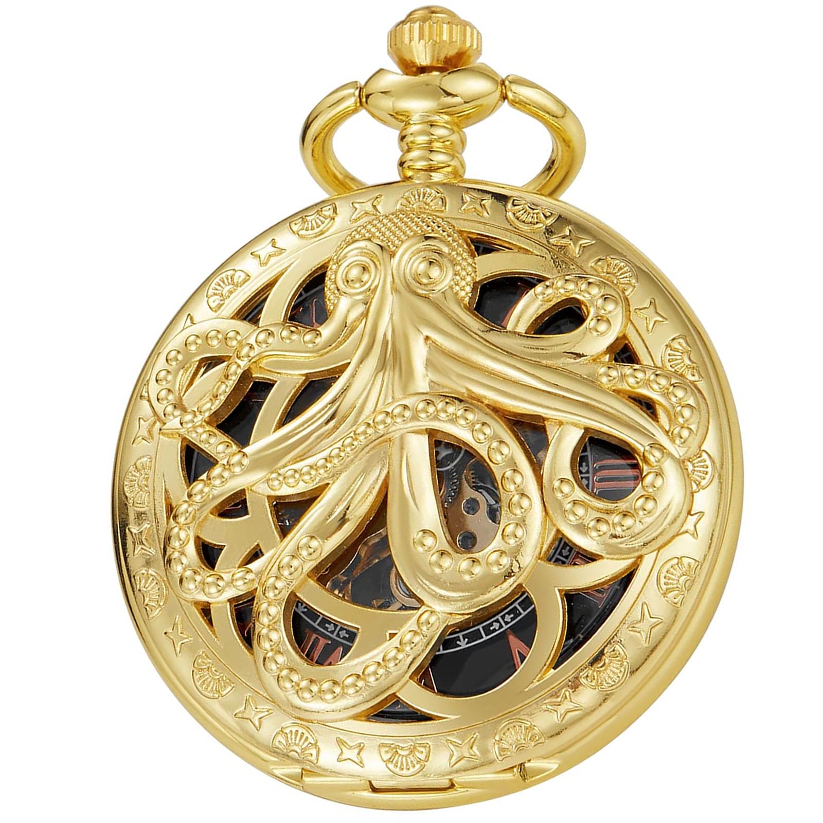 Reloj de bolsillo mecánico steampunk con esfera de pulpo esculpida y números romanos 8
