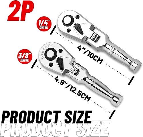 Vista 26 de Trinquete de cabeza flexible de 3/8 pulgadas con mango largo, llave giratoria de liberación rápida de 72 dientes, cabeza Cr-Mo, mango flexible