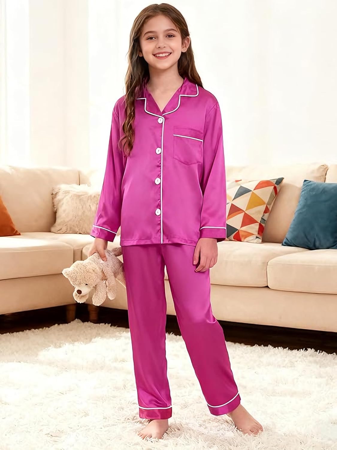 Boys Girls Pajama Set 2 Pieces Cute Girls Satin Pajamas Long Sleeve + Pants, Silky Button Down PJ Set Size 5-14 - Image 3