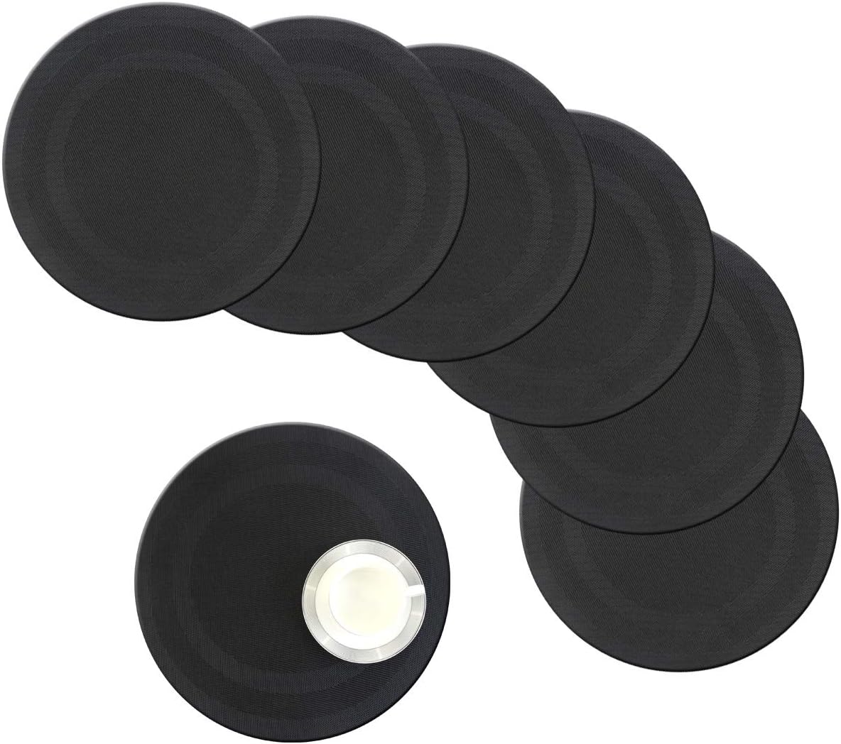 Round Placemats for Dining Table Plastic Kitchen Placemas Woven Vinyl 15 Inch Heat Insulation Easy to Clean Set of 6 （Black）