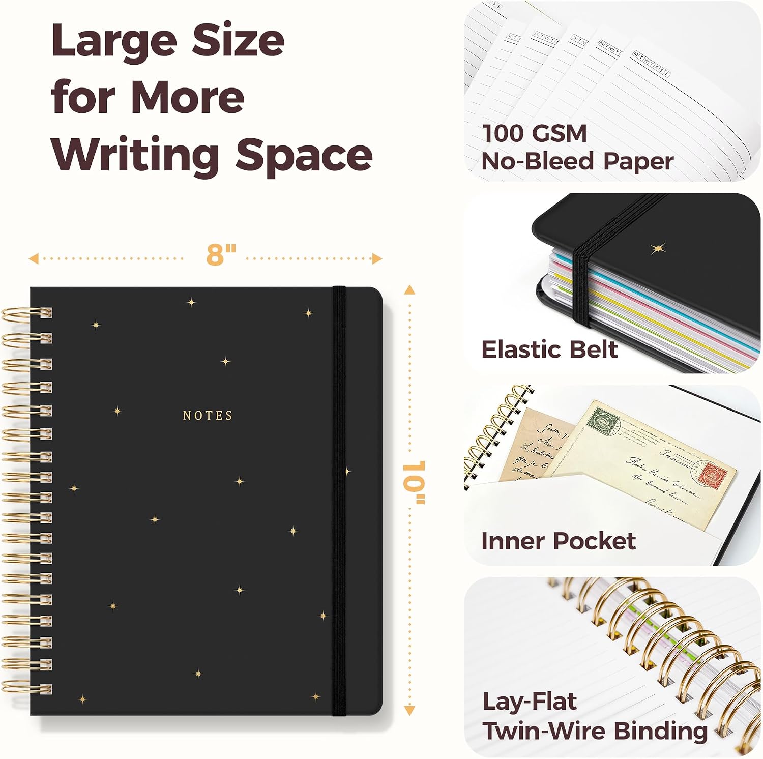 Hardcover Spiral Notebook Journal for Women & Men, Cute 5 Subject Notebook College Ruled for School & Work, Black Journaling Notebooks with Removable Dividers Tabs, 8" x 10", 300 Pages, Night Stars image 5