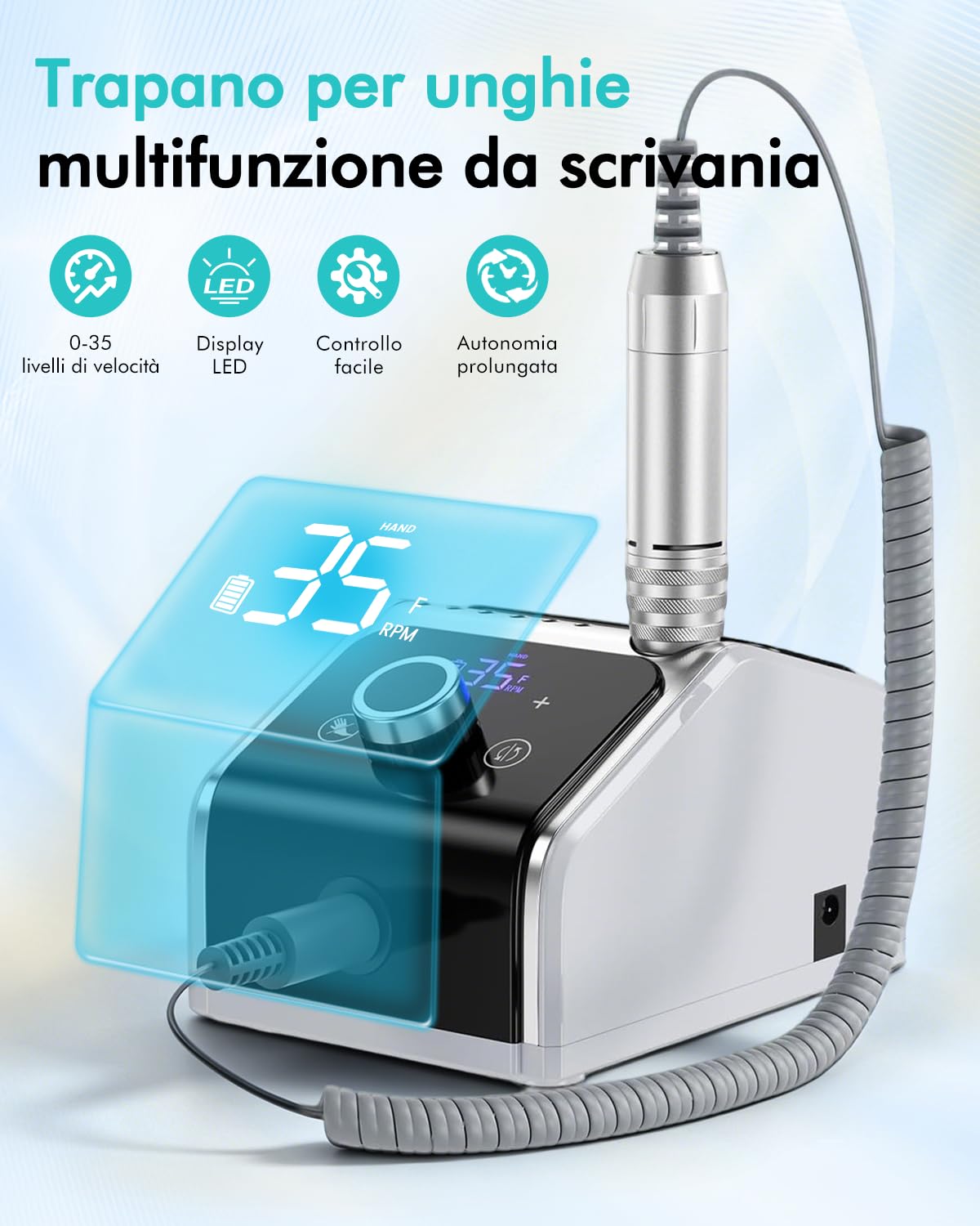 CozyZen Fresa Unghie Elettrica Professionale 35000 RPM con LCD | Lima Elettrica per Unghie con Pedale, Bassa Rumorosità, Controllo Velocità, per Unghie Acriliche e Gel, Casa e Salone