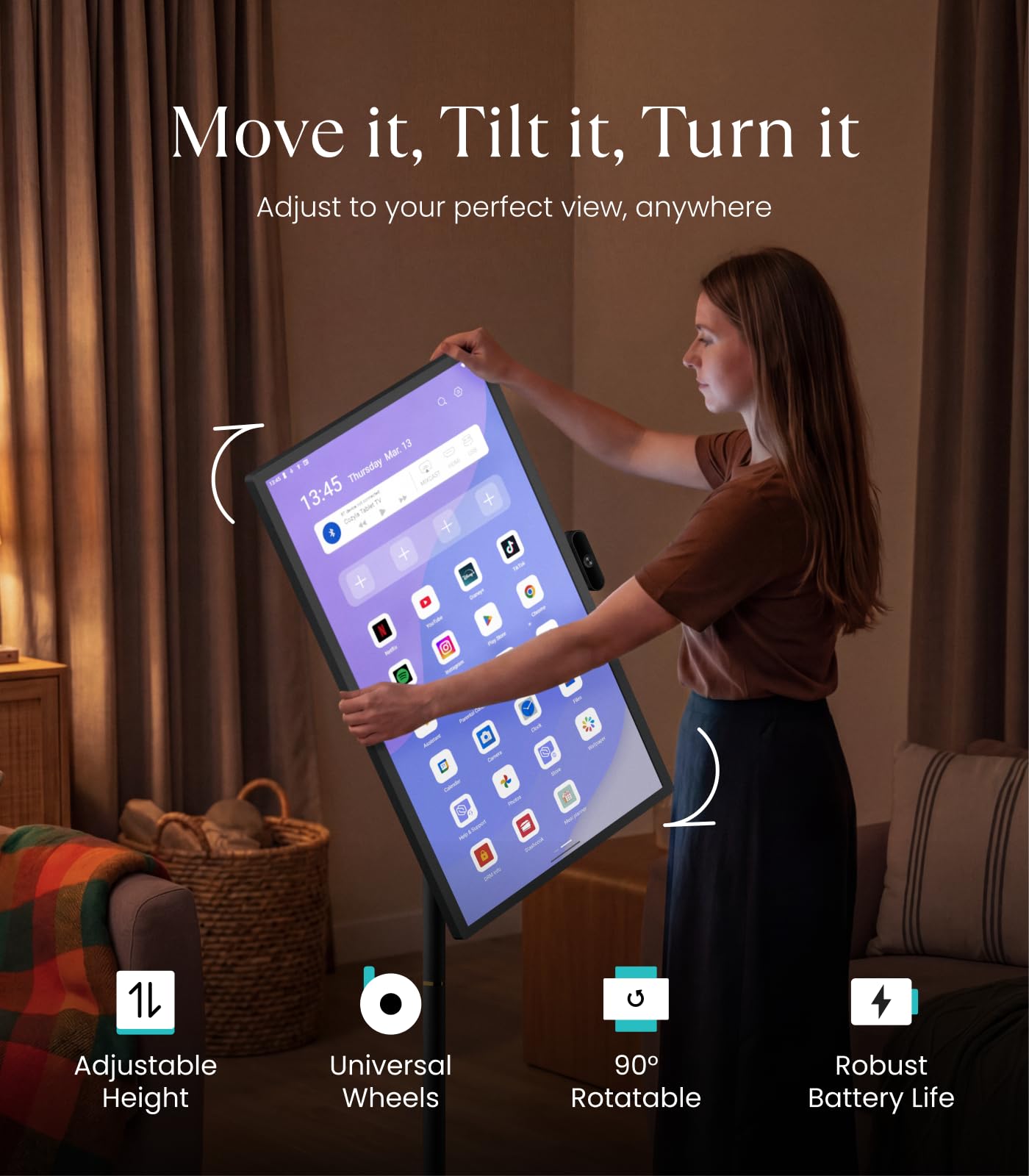 Cozyla Tablet TV: Smart TV portatile da 32 pollici su ruote, monitor touch screen 1080p con batteria integrata, sistema operativo Android con fotocamera 4K, colata wireless, supporto girevole completo