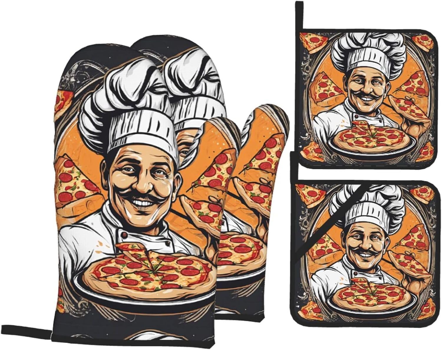 (Chef Pizza) Baking 4-Piece Set: 2 Oven Mitts and 2 Pot Holders Heat Resistant Waterproof Hanging Loop for Kitchen Oven Grill Housewarming Gifts