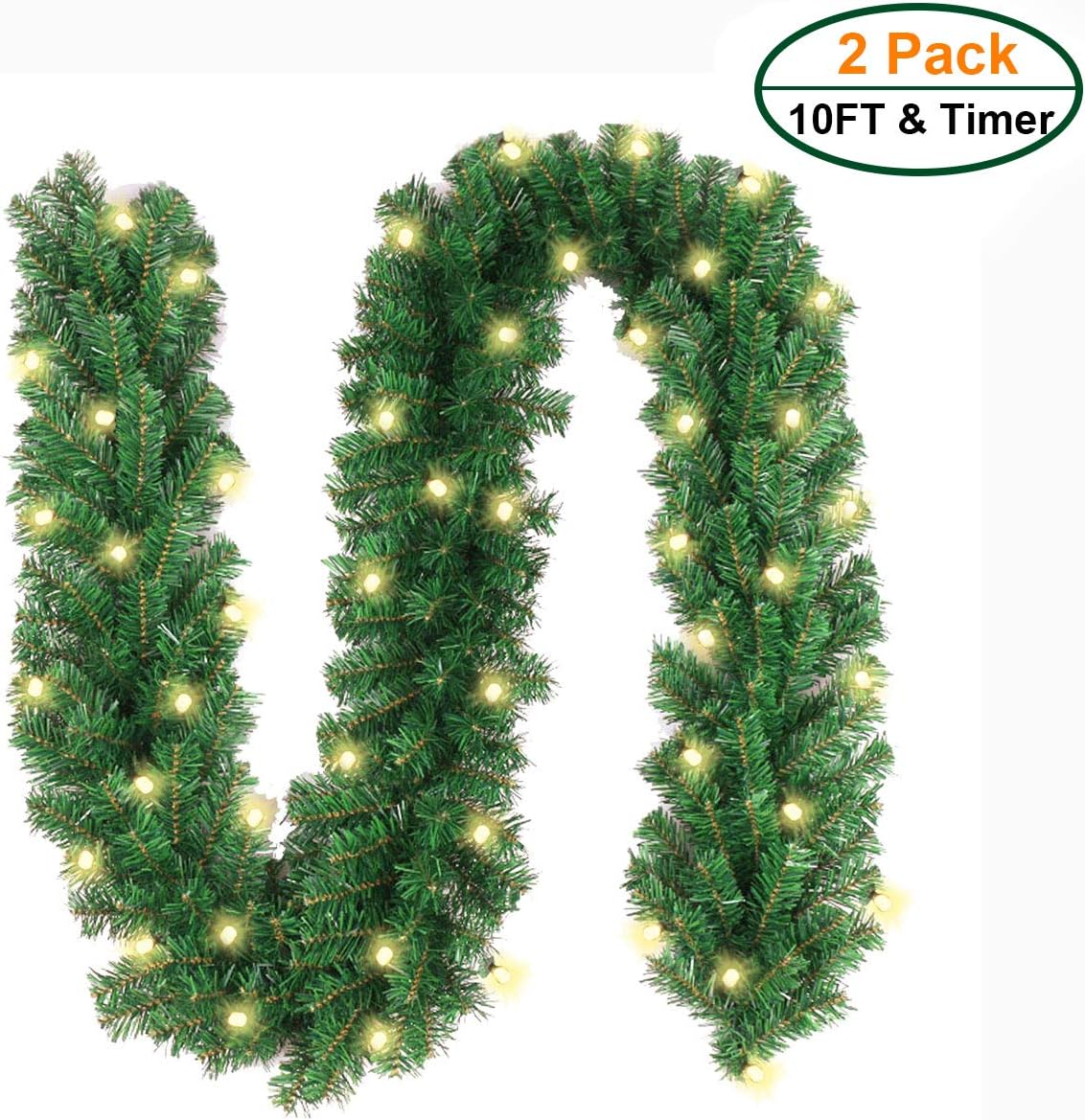 10Ft Christmas Garland with 50 LED Lights - 2 Pack Pre-lit Battery Operated Outdoor Christmas Garland Waterproof String Light with Timer 10 Foot by 10 Inch