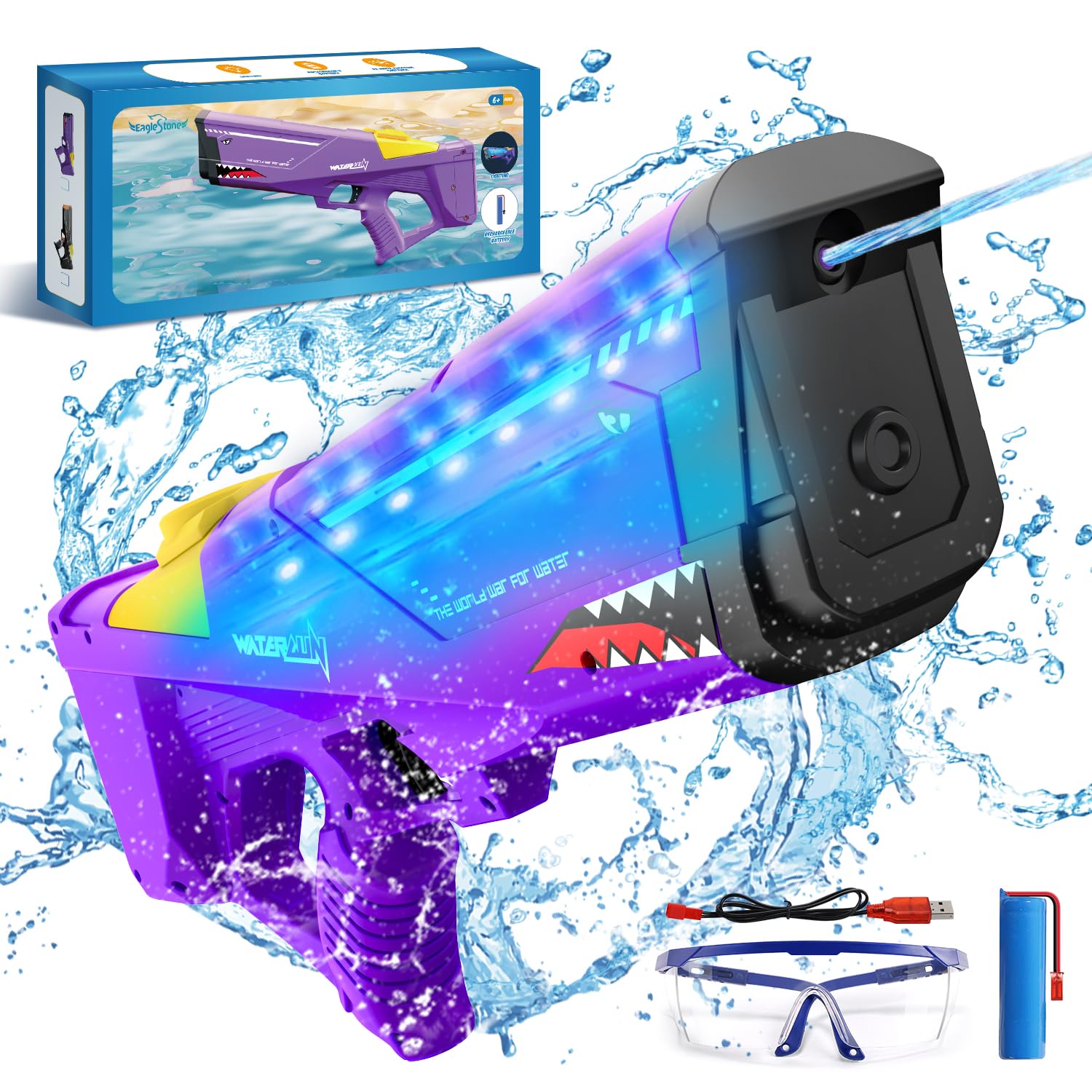 EagleStone Shark Electric Water Gun for Kids,Automatic Water Squirt Gun with Cool LED Light,Up to 33FT Shooting Range,1500mAh Large-Capacity Battery,Summer Pool Favor,Outdoor Beach Pool Toys