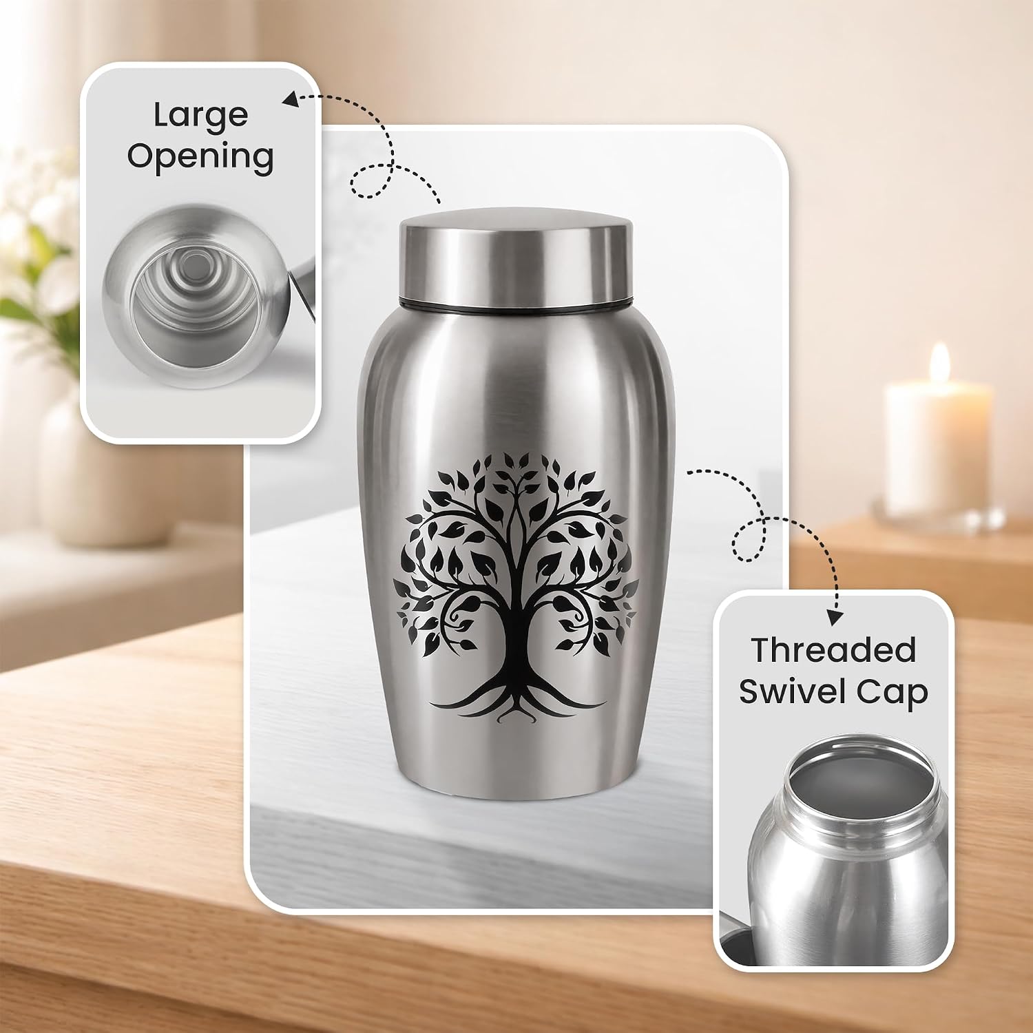 Stainless Steel Silver Urn for Ashes Male & Female, Cremation urns for Human Ashes Man & Women, Set of 5 Includes 1 Large Urn, 2 Keepsakes & 1 Silver & Black Cross Necklace