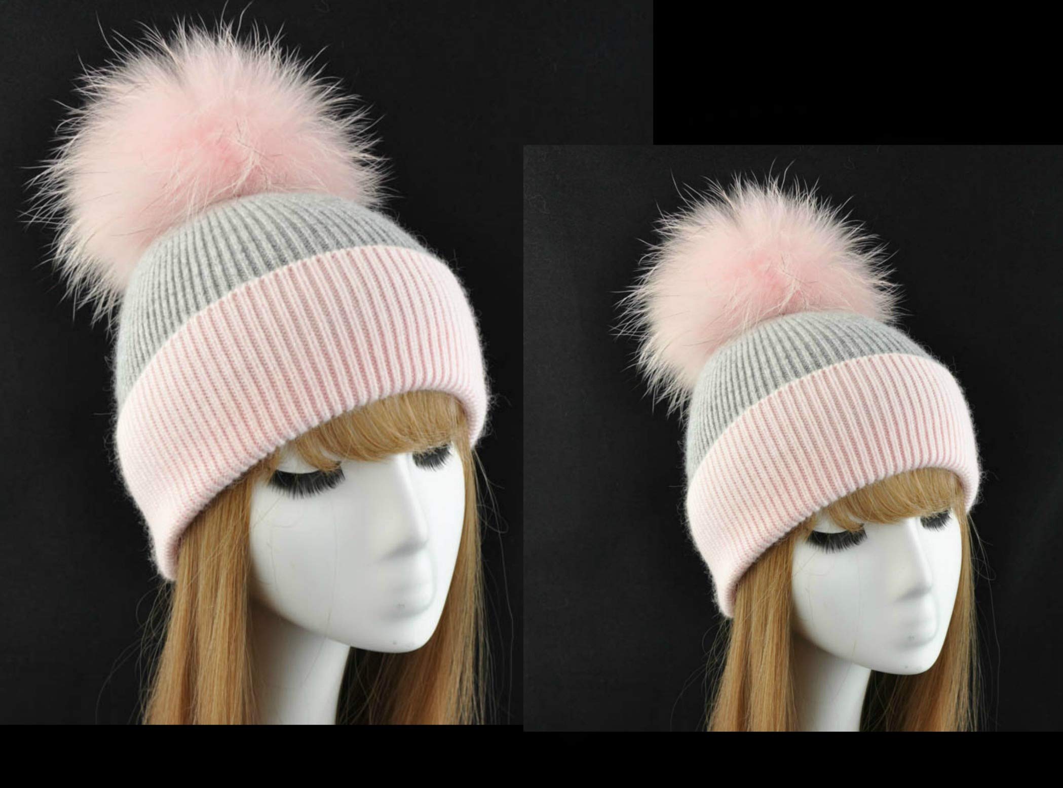 Sombrero de Cachemira con pompón de Color Gris y Rosa, tamaño a Elegir/Hat Fur Murmasky Pink Pom Raccoon Luxury