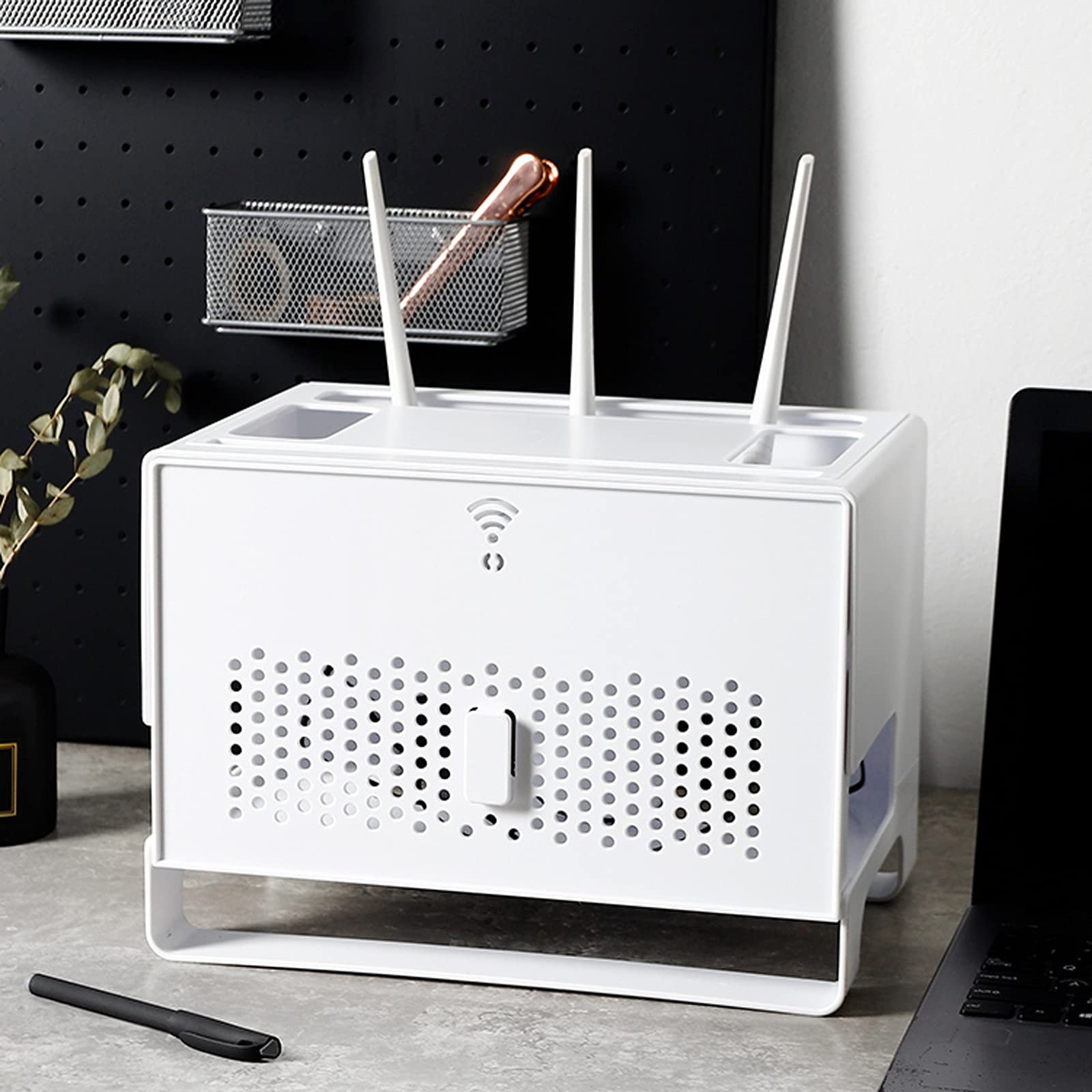 Kabelmanagementbox Multifunktionale Aufbewahrungsbox für drahtlose Router Große Kabelmanagementbox mit Abdeckung Abnehmbare Aufbewahrungsbox für Steckdosenleisten für das Heimbüro, Weiß/Grau Netzkab