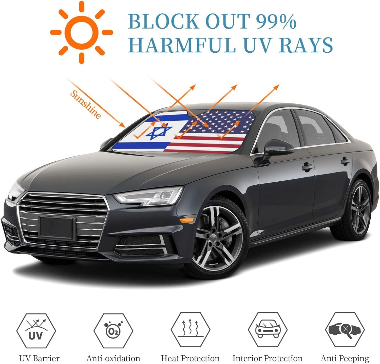 America Israel Friendship Flag Foldable Car Windshield Sunshade Blocks Heat and Sun Glare Uv Rays