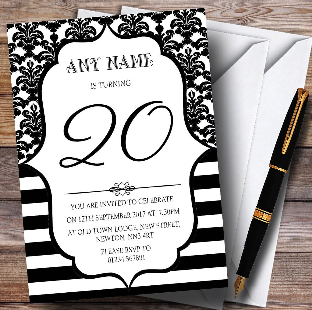 Vintage Damask Black & White 20th Personalized Birthday Party Invitations