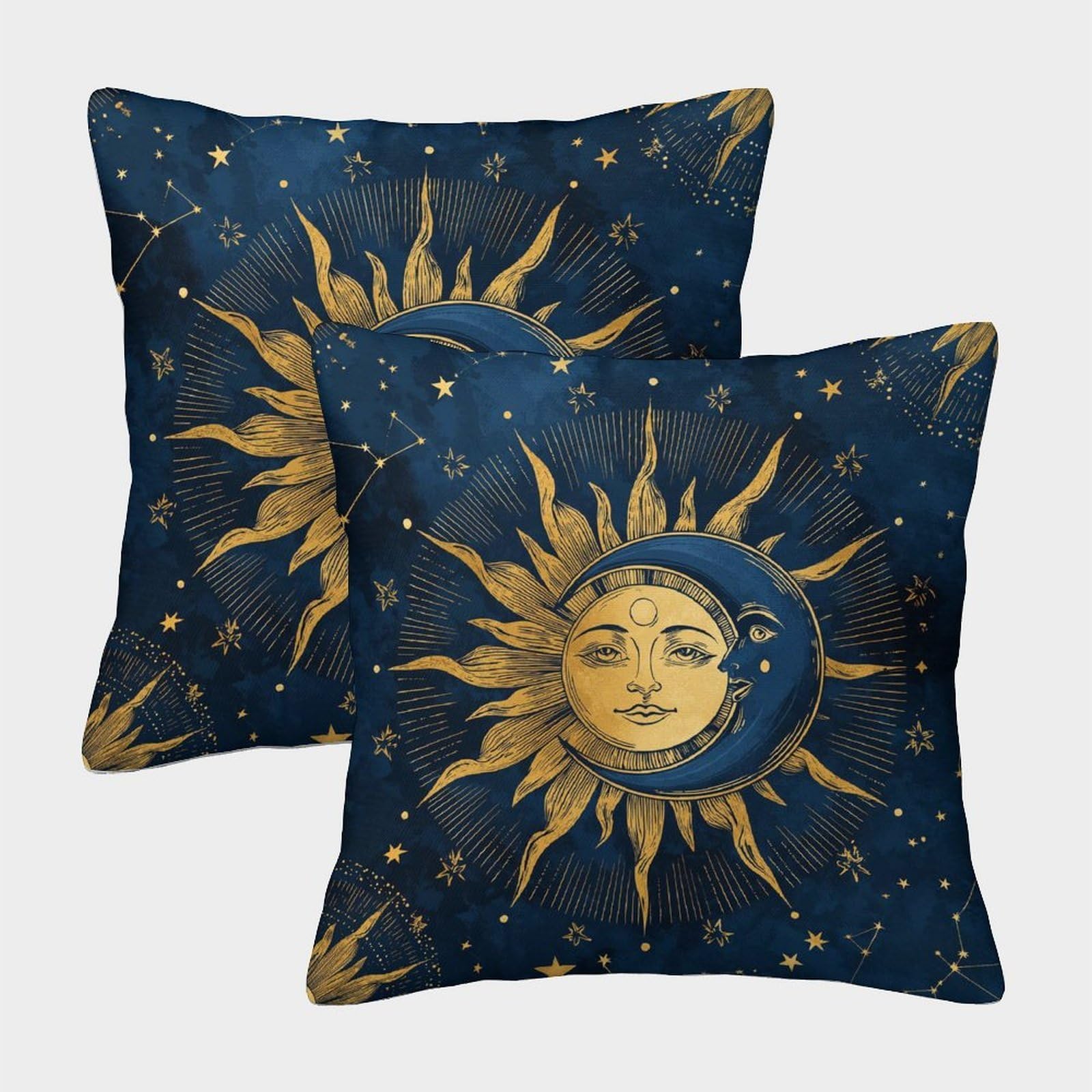 kaiyun 2 Pack 45x45cm Pillow Cases,Starry Sky Theme, Retro Sun And Moon Pattern Decorative 3D Printed Cushion Cover,sofa Bed Decorative Cushions