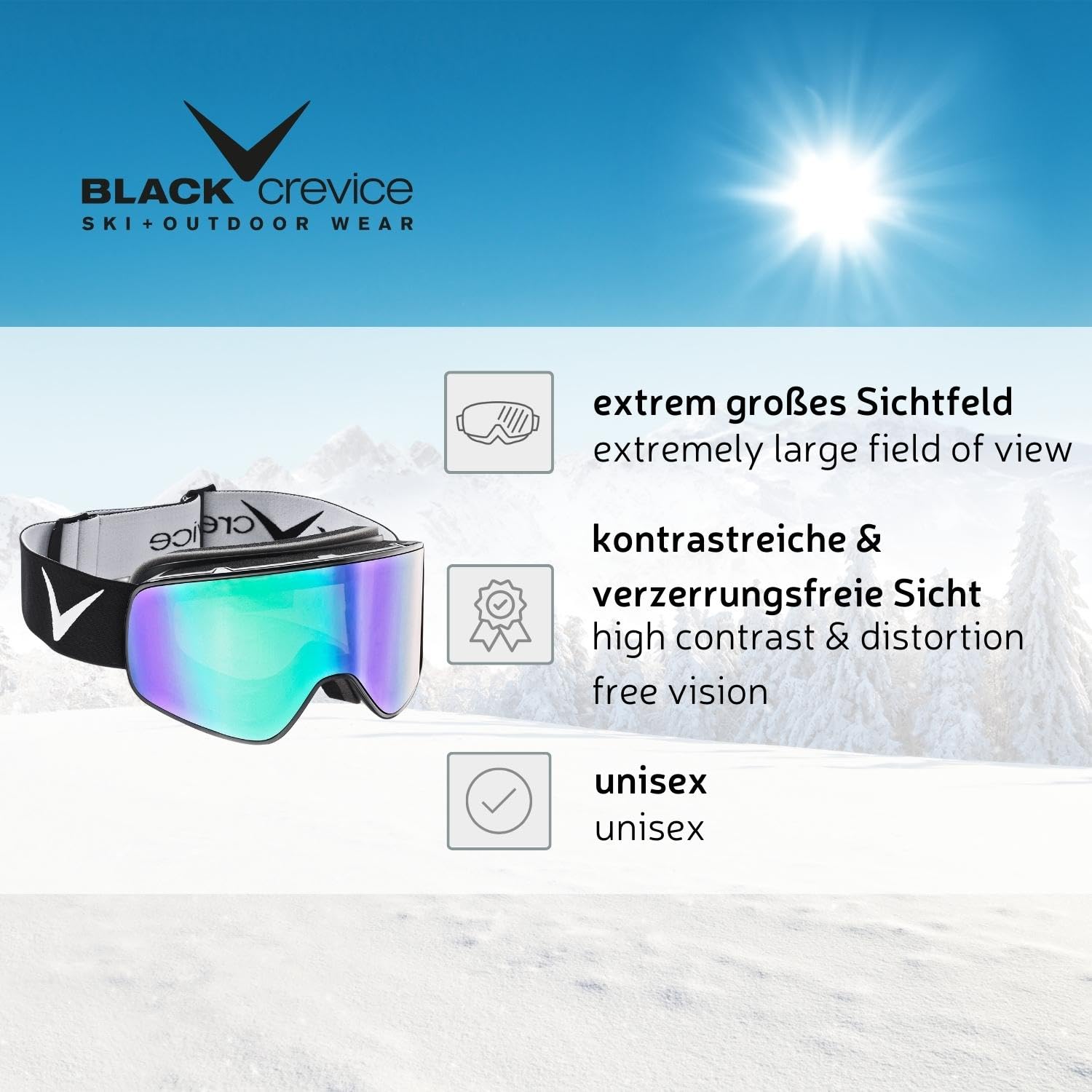 Black Crevice Skibrille im Frameless Design I Ski-Brille I wechselbare Scheibe I bruchfeste Doppelscheibe I Anti-Fog-Beschichtung & UV 400 Schutz I größenverstellbar