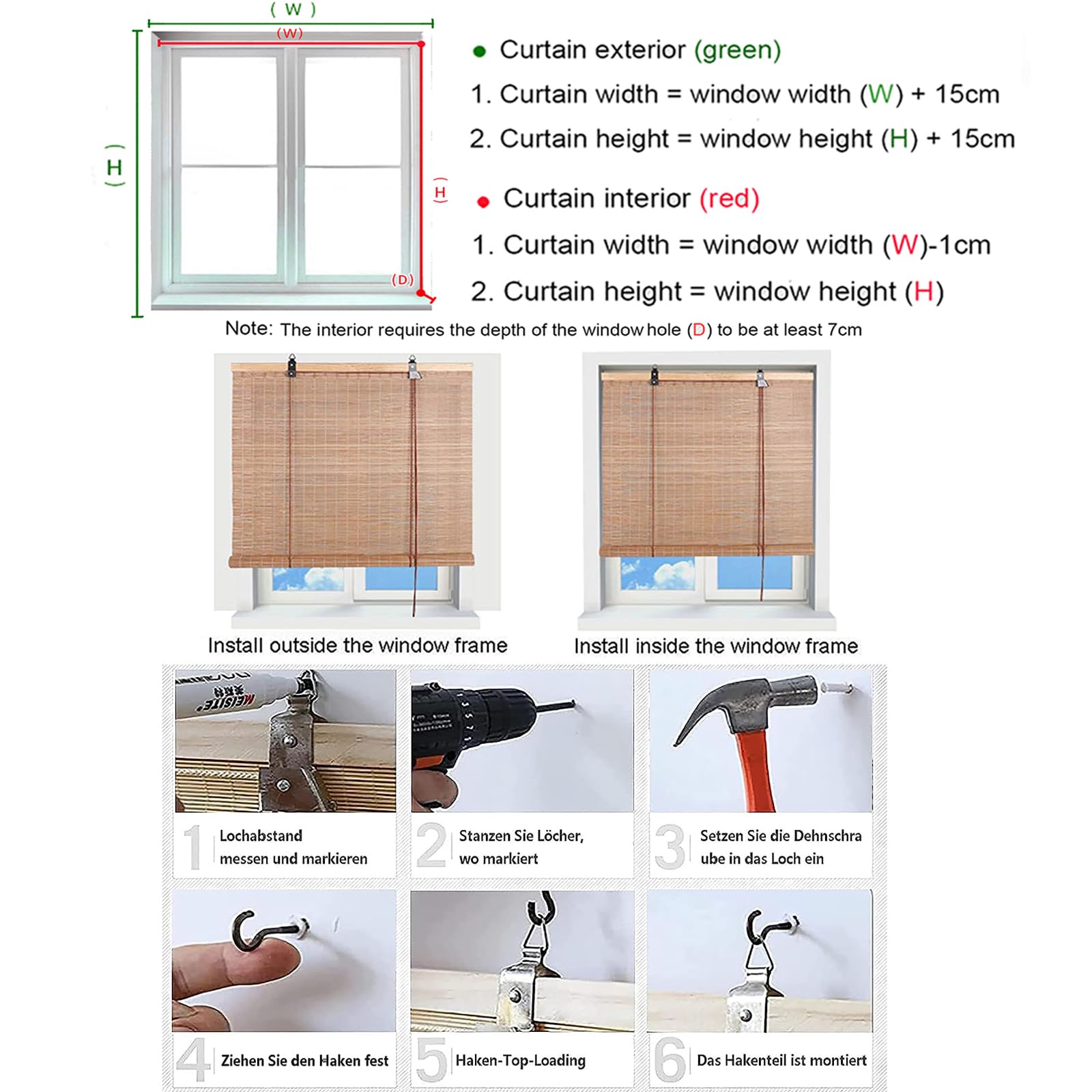 Store à Rouleau en Bambou Naturel,Store en Bambou Opaque à tirage latéral,Rideaux Romain Occultant,Protection Solaire et visuelle,pour Fenêtres Intérieur Extérieur,Largeur x Longueur (100cm x 140cm)