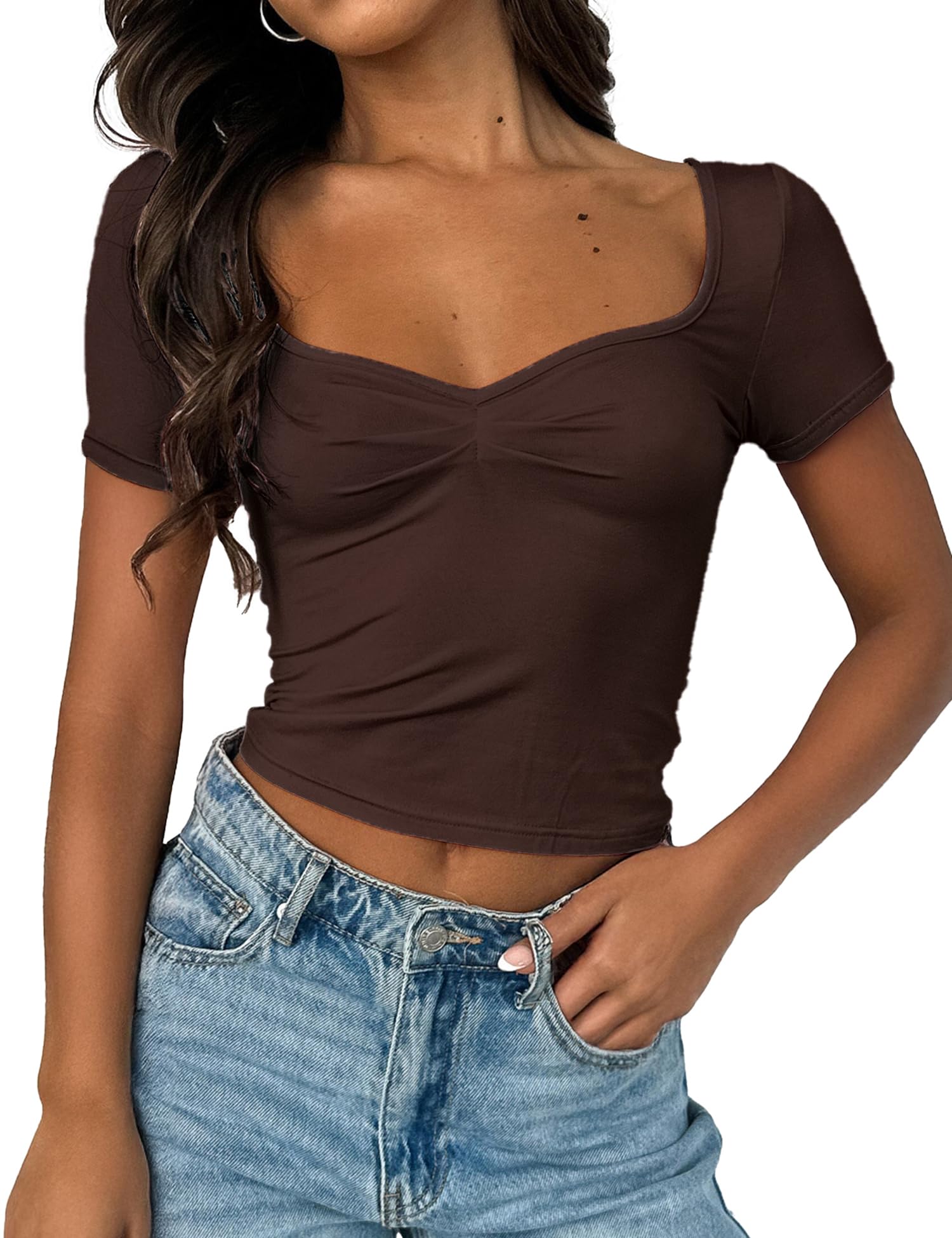 TiulZial Women's Short Sleeve Going Out Crop Top Sexy Pleated Cute Shirt Sweetheart Neck Y2K Ruched Cropped Tops