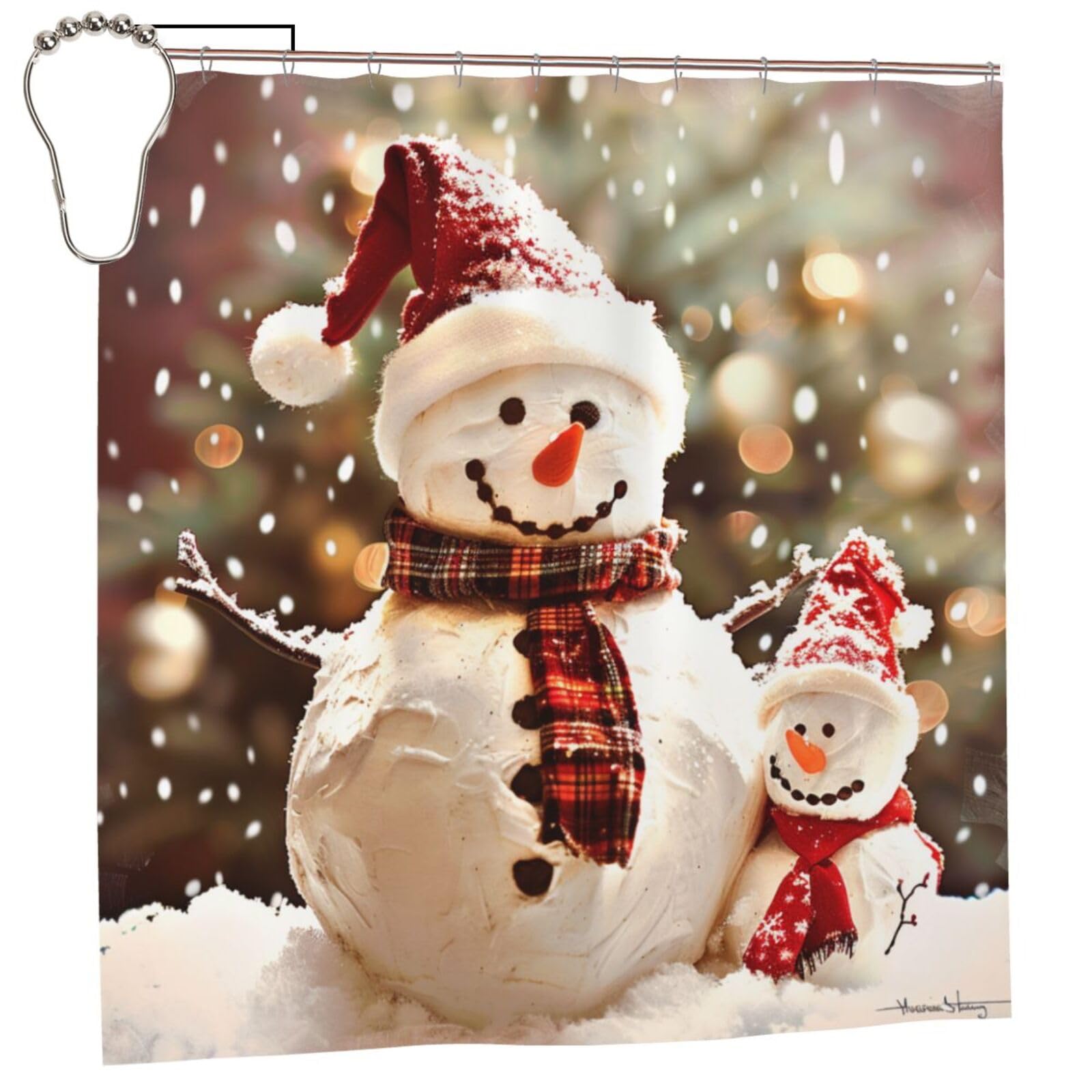 BWWHCCTI Merry Christmas Cute Snowman Printed Shower Curtain With 12 Iron Hooks Opaque Quick Drying Waterproof Shower Curtains Sets For Bathroom 183x183 CM