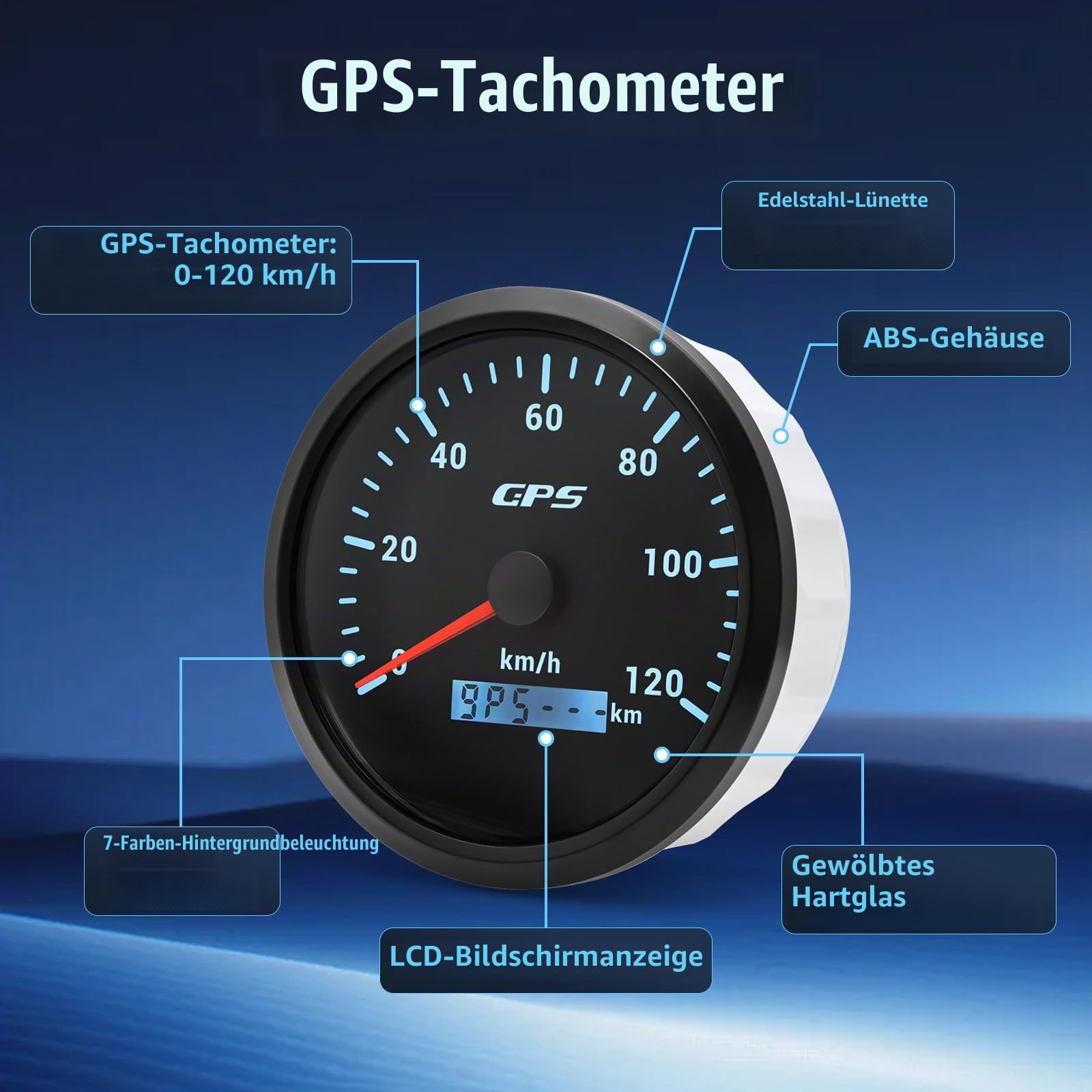 110mm Geschwindigkeitsmesser GPS Tacho Kilometerzähler 0-120Km/H Wasserdichter IP67 7-Farben Tachometer Messgerät für Auto Boot Yacht 12V/24V