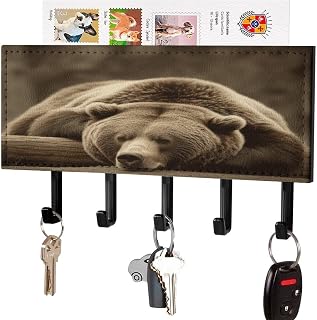 Leather Key Holder Wall Mount with 5 Hooks, Self-Adhesive Key Rack
