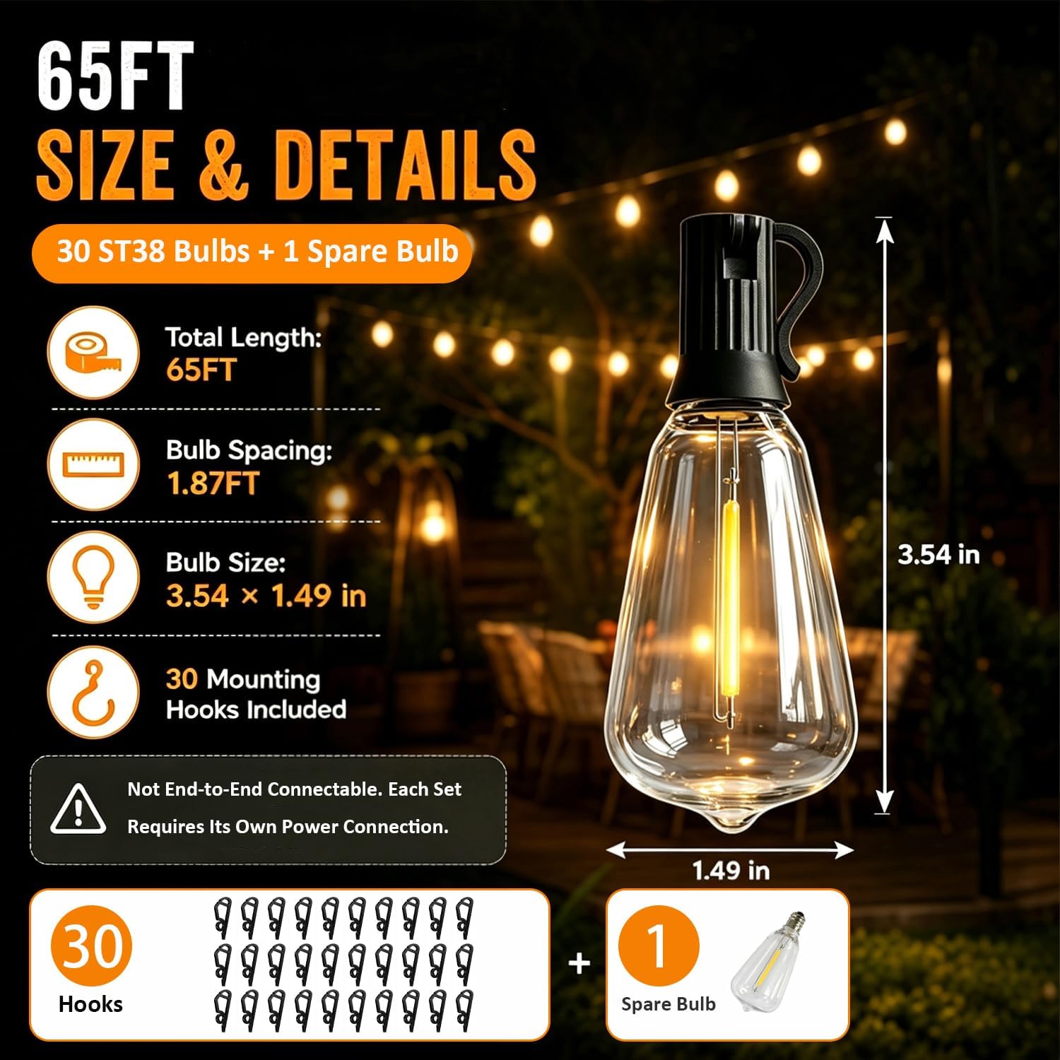 ST38 Outdoor String Lights 65FT, App and Remote, 24V Warm White image 3