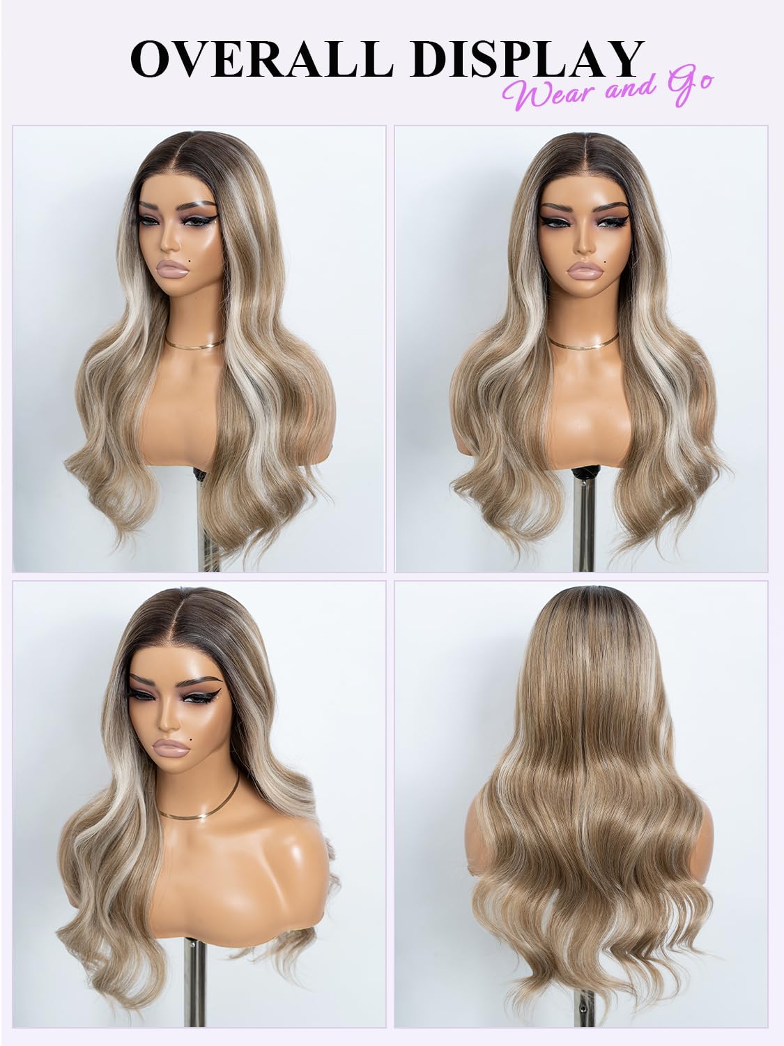 STYLE ICON Perruque blonde longue et ondulée pour femme, 66 cm, raie au milieu, bord en dentelle avec racines foncées, synthétique, sans colle, prête à porter