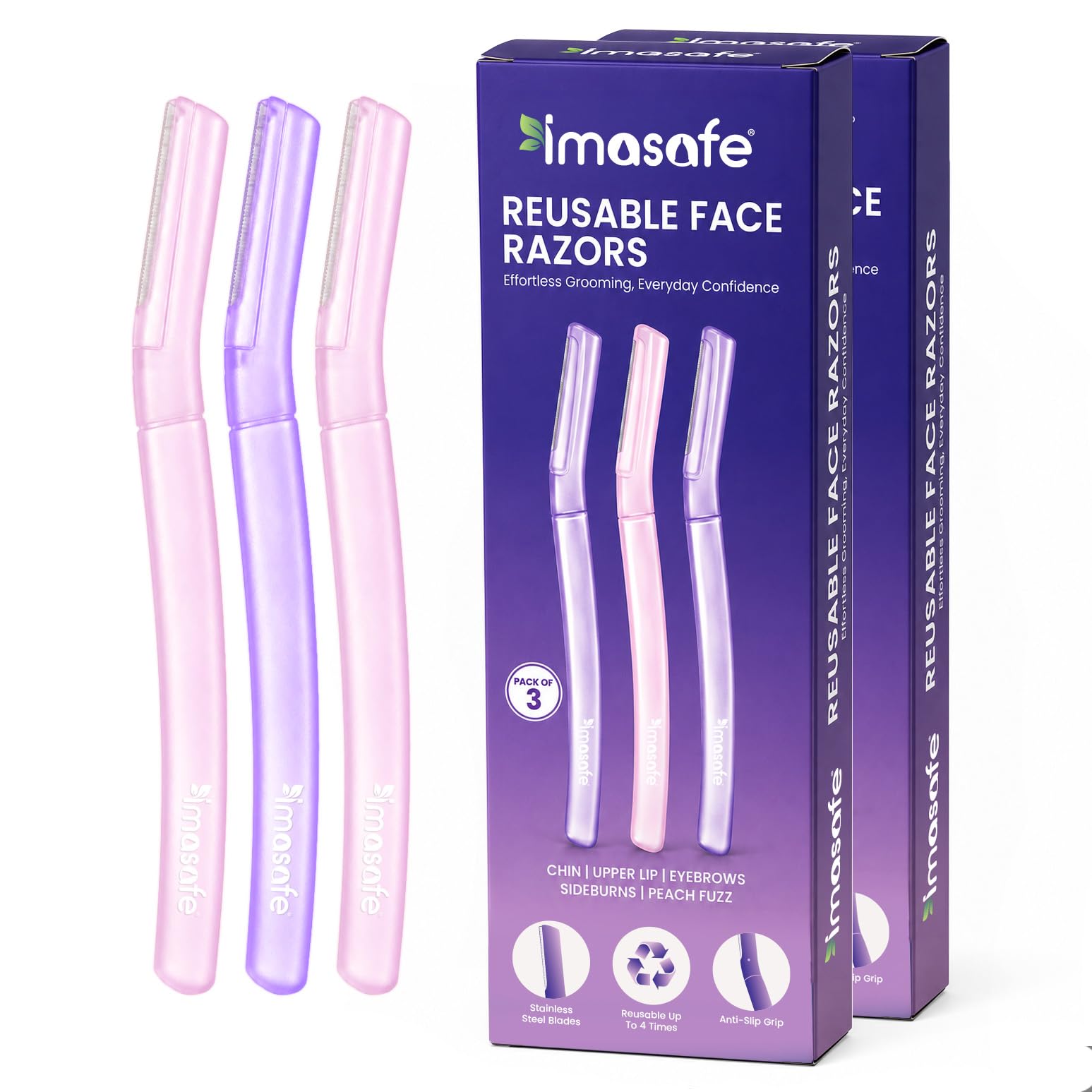 IMASAFE Reusable Dermaplaning Face Razor for Women |Facial Hair Remover for Eyebrows, Upper Lip, Chin, Sideburns & Peach Fuzz | Stainless Steel Precision Blade | Safe & Painless Grooming- (Pack of 6)