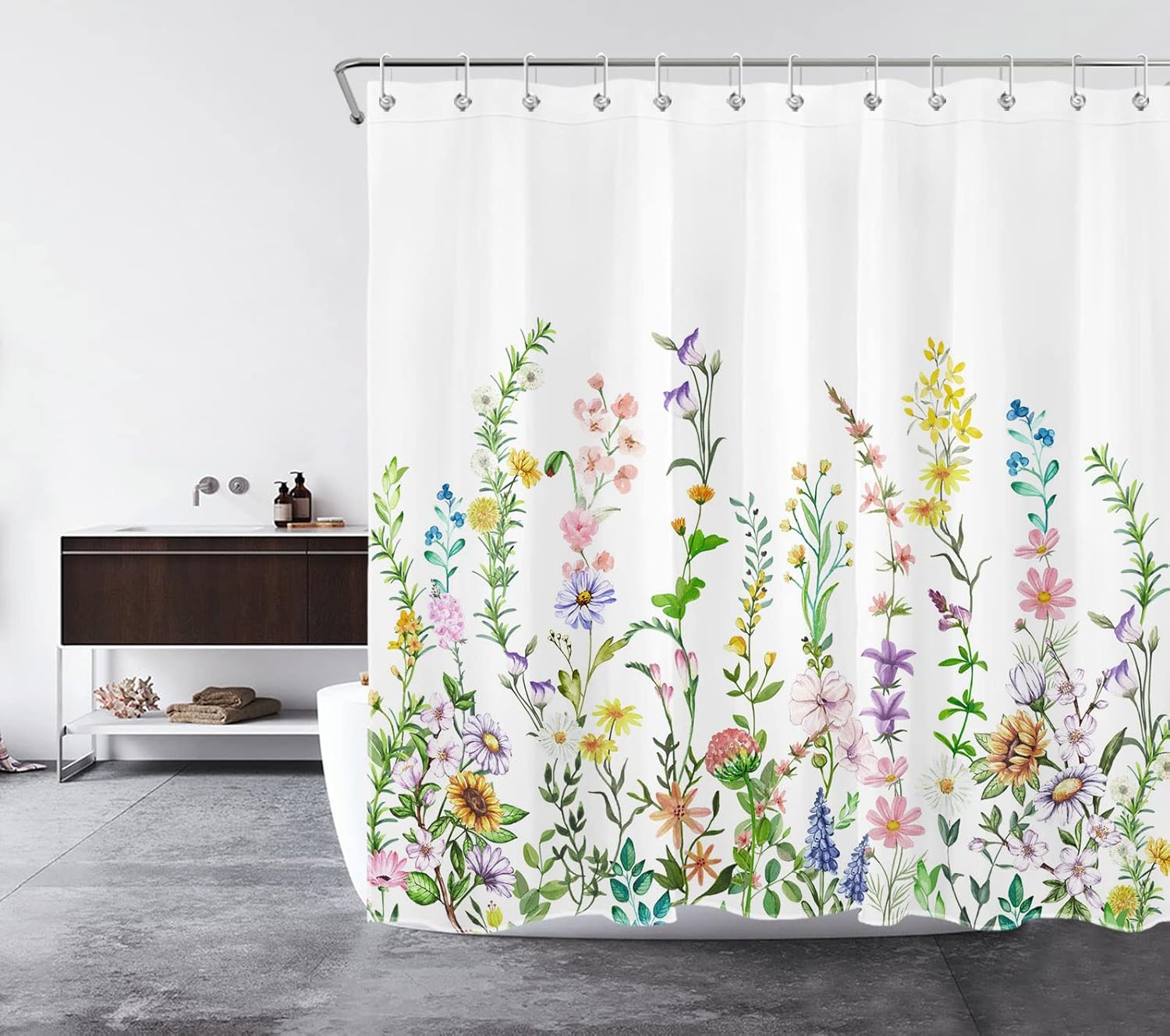 LB Spring Floral Shower Curtain Sets with Rugs Colorful Wildflower and Sunflower Green Leaf on White Fabric Shower Curtain with Hooks Country Plant Bathroom Curtains Shower Set, 72x72 inches